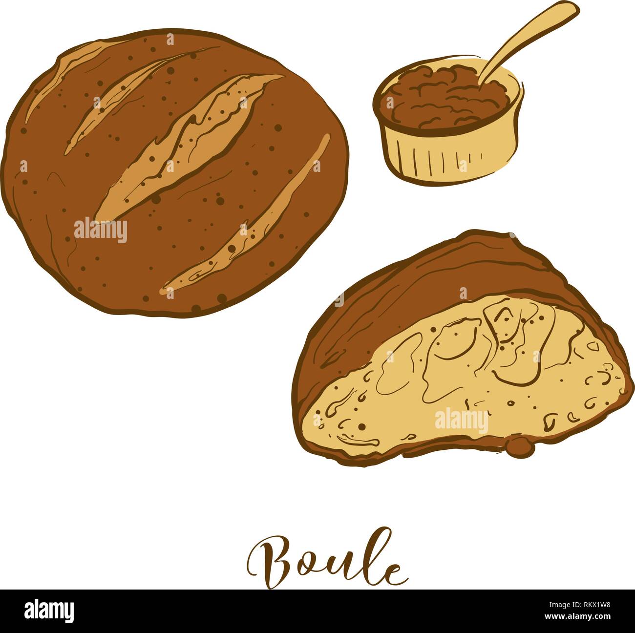 Farbige Skizzen von Boule Brot. Vektor Zeichnung von Hefe Brot essen, in der Regel in Frankreich bekannt. Farbige Brot Abbildung Serie. Stock Vektor