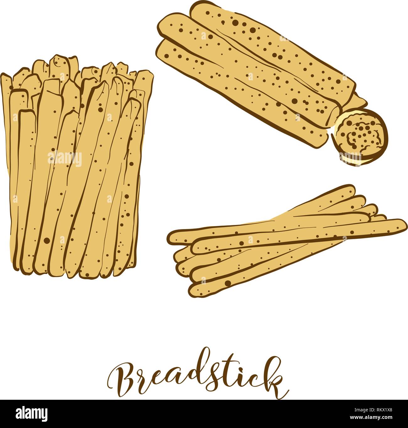 Farbige Skizzen von breadstick Brot. Vektor Zeichnung von trocken Brot essen, in der Regel in Italien bekannt. Farbige Brot Abbildung Serie. Stock Vektor
