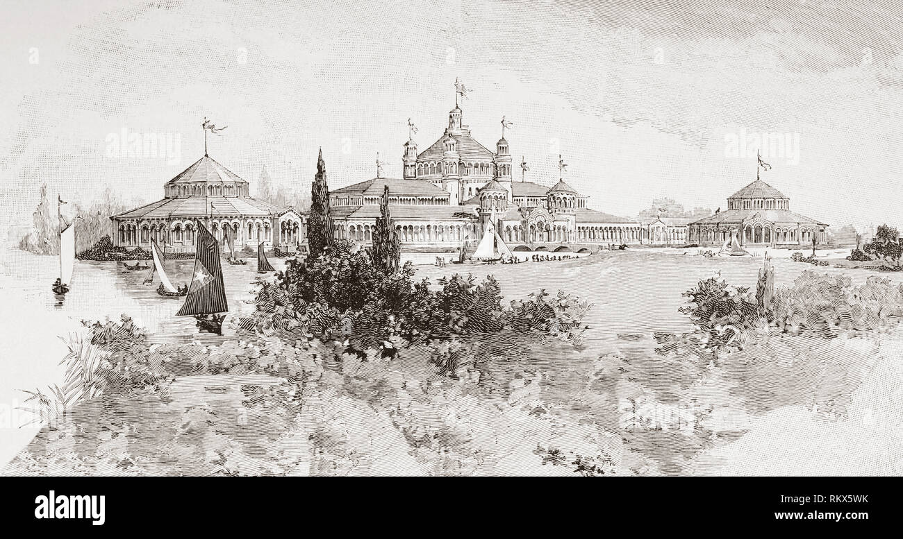 Der World Columbian Exposition, faire des aka World Columbian Exposition, Chicago's World Fair und Chicago Columbian Exposition. Die Weltausstellung in Chicago im Jahr 1893 hielt das 400-jährige Jubiläum von Christoph Kolumbus' Ankunft in der Neuen Welt im Jahre 1492 zu feiern. Die Fischerei Gebäude. Von La Espanola Ilustracion y Americana, veröffentlicht 1892. Stockfoto