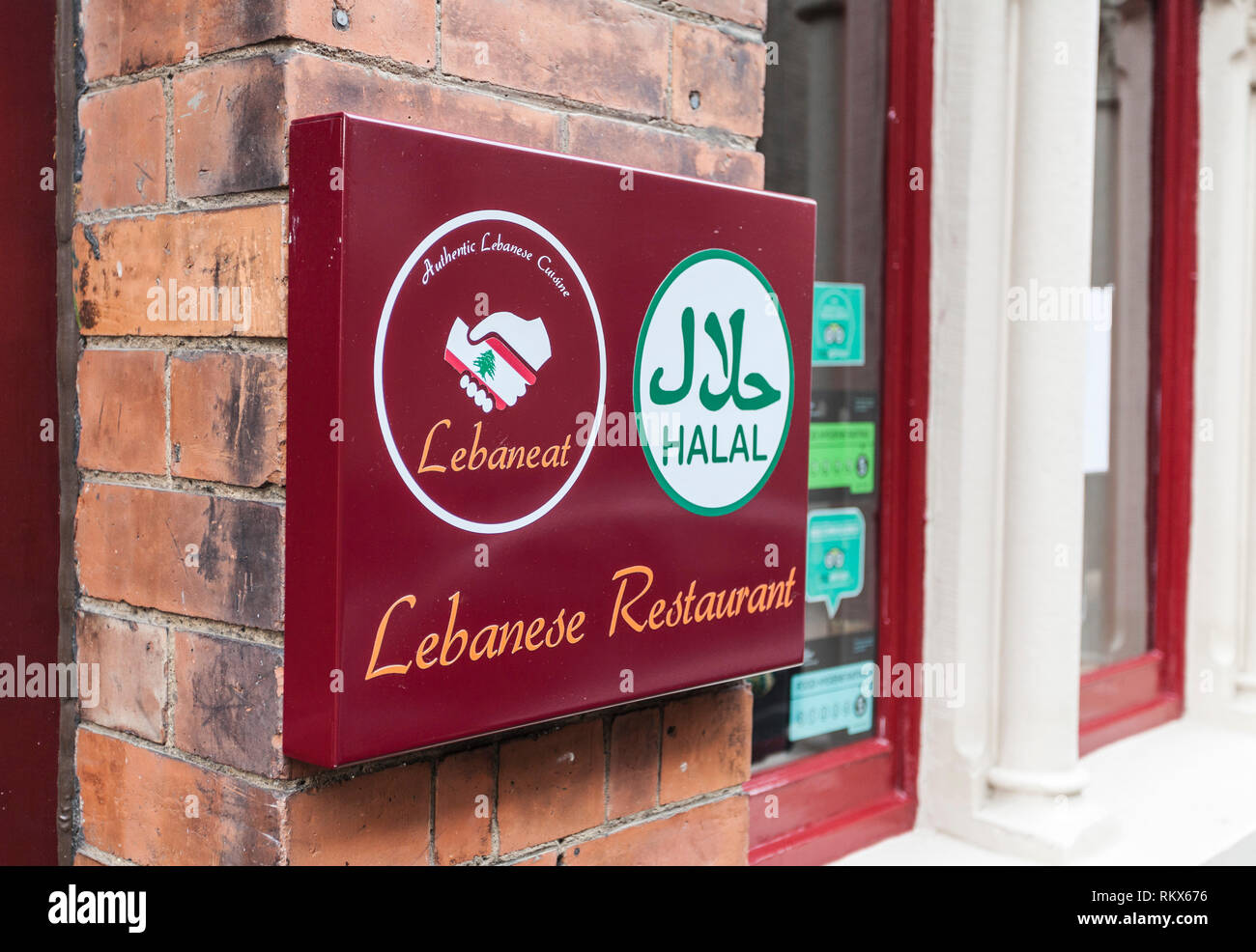 Ein Zeichen für Lebaneat, ein Libanesisches Restaurant in Durham, England, Großbritannien Stockfoto