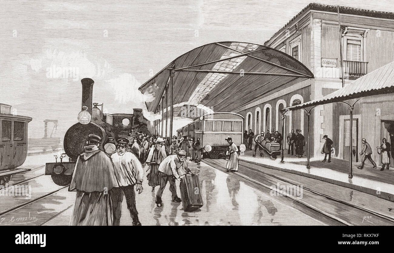 Die Ankunft von einem Personenzug aus Madrid in Cordoba, Cordoba, Spanien im 19. Jahrhundert. Von La Espanola Ilustracion y Americana, veröffentlicht 1892. Stockfoto