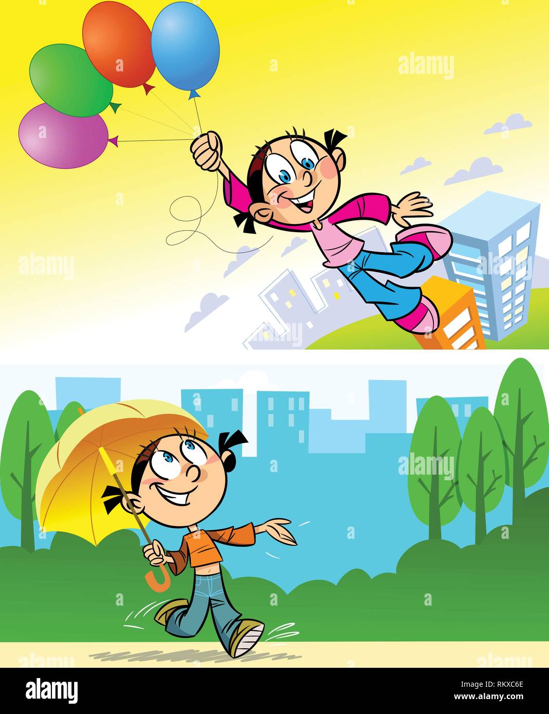 Das Mädchen geht in die Stadt mit einem Regenschirm. Das Mädchen ist über der Stadt flog auf Ballons. Abbildung auf der einzelnen Schichten. Stock Vektor