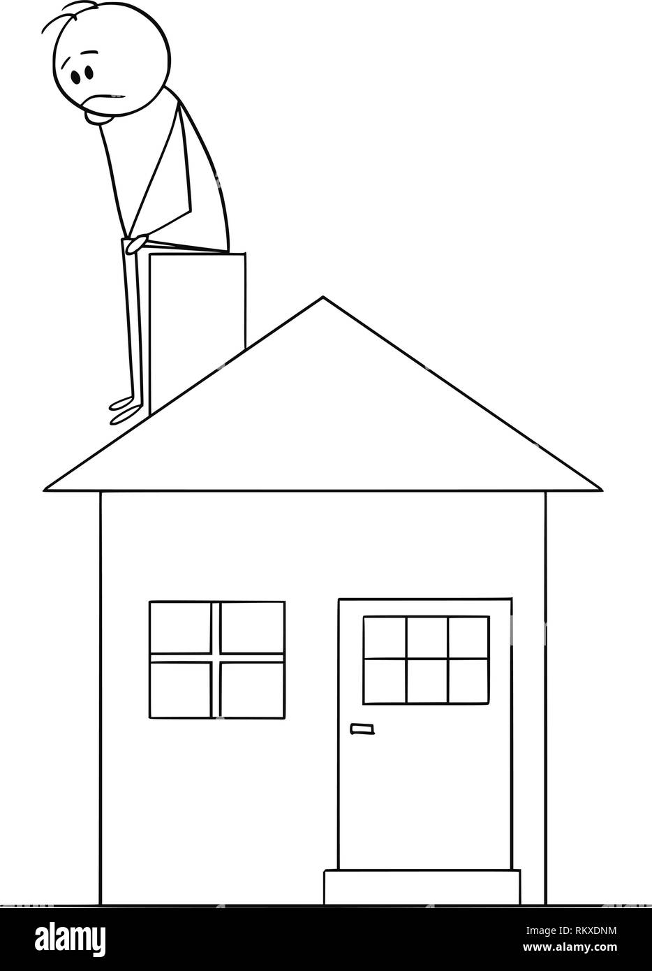 Cartoon von Traurig oder Denken Mann sitzt auf Familie Haus Schornstein Stock Vektor