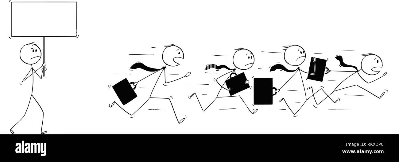 Cartoon von Gruppe oder Team der Unternehmer in Panik auf der Flucht vor den Menschen mit leeren Zeichen Stock Vektor