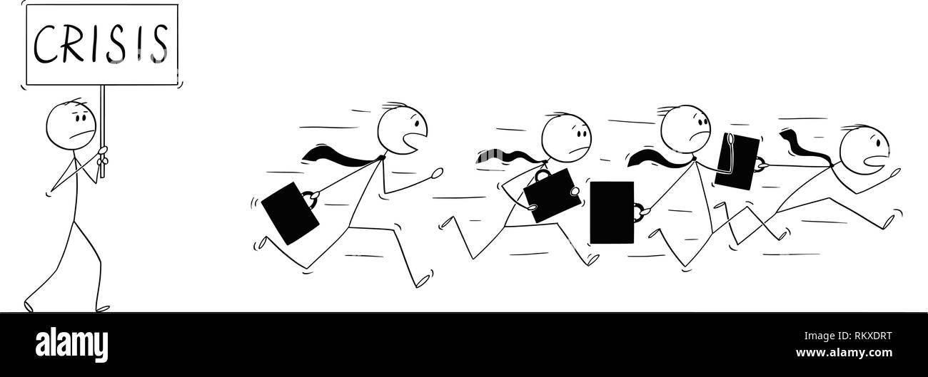 Cartoon von Gruppe oder Team der Unternehmer in Panik aus Mann mit Krise Zeichen Stock Vektor