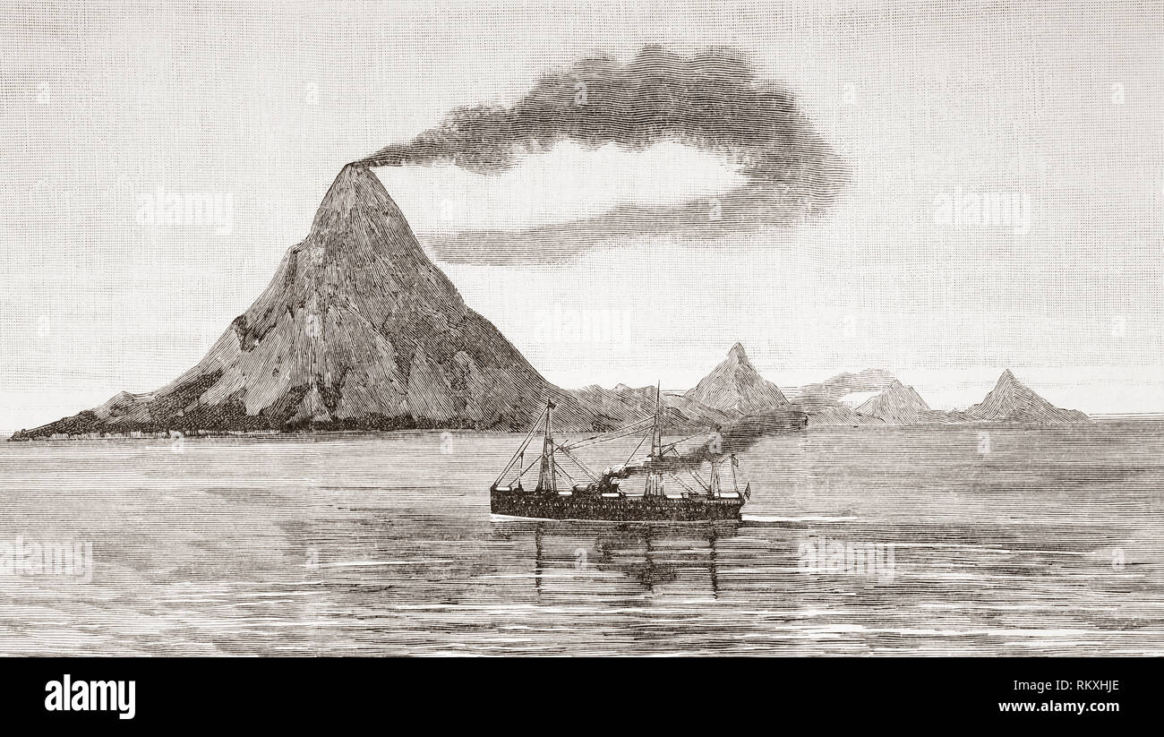 Der Ausbruch des Gunung Awu Vulkan, 2. März 1856, aka Sangir Besar Insel Sangir, Nord Sulawesi, Indonesien. Die daraus resultierende Todesopfer war zwischen 2.000 bis 6.000 Personen. Von La Espanola Ilustracion y Americana, veröffentlicht 1892. Stockfoto