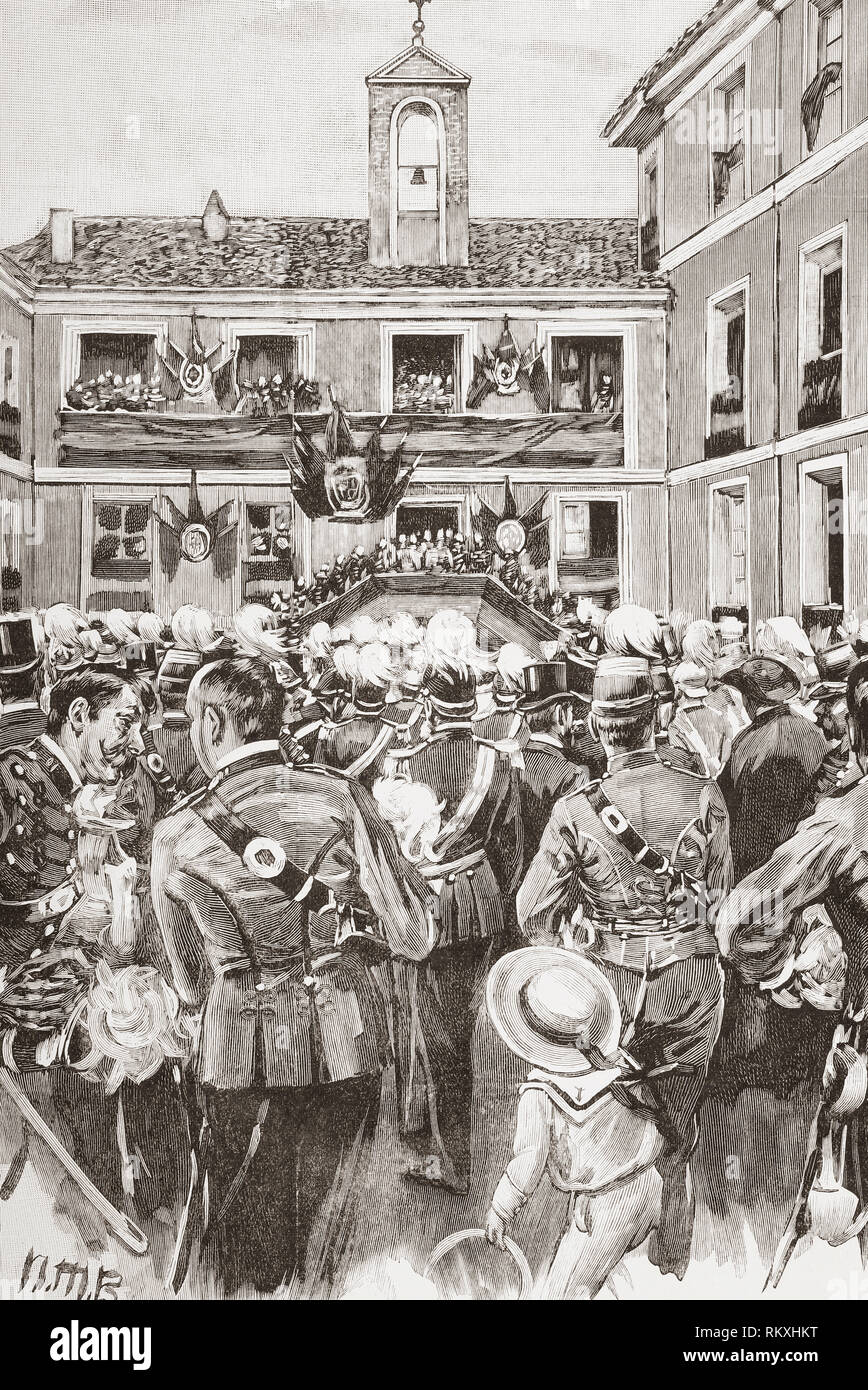Die Einweihung der Kavallerie Akademie, Valladolid, Spanien, im Jahre 1852, wurde das Gebäude durch einen Brand im Jahre 1915 zerstört. Von La Espanola Ilustracion y Americana, veröffentlicht 1892. Stockfoto
