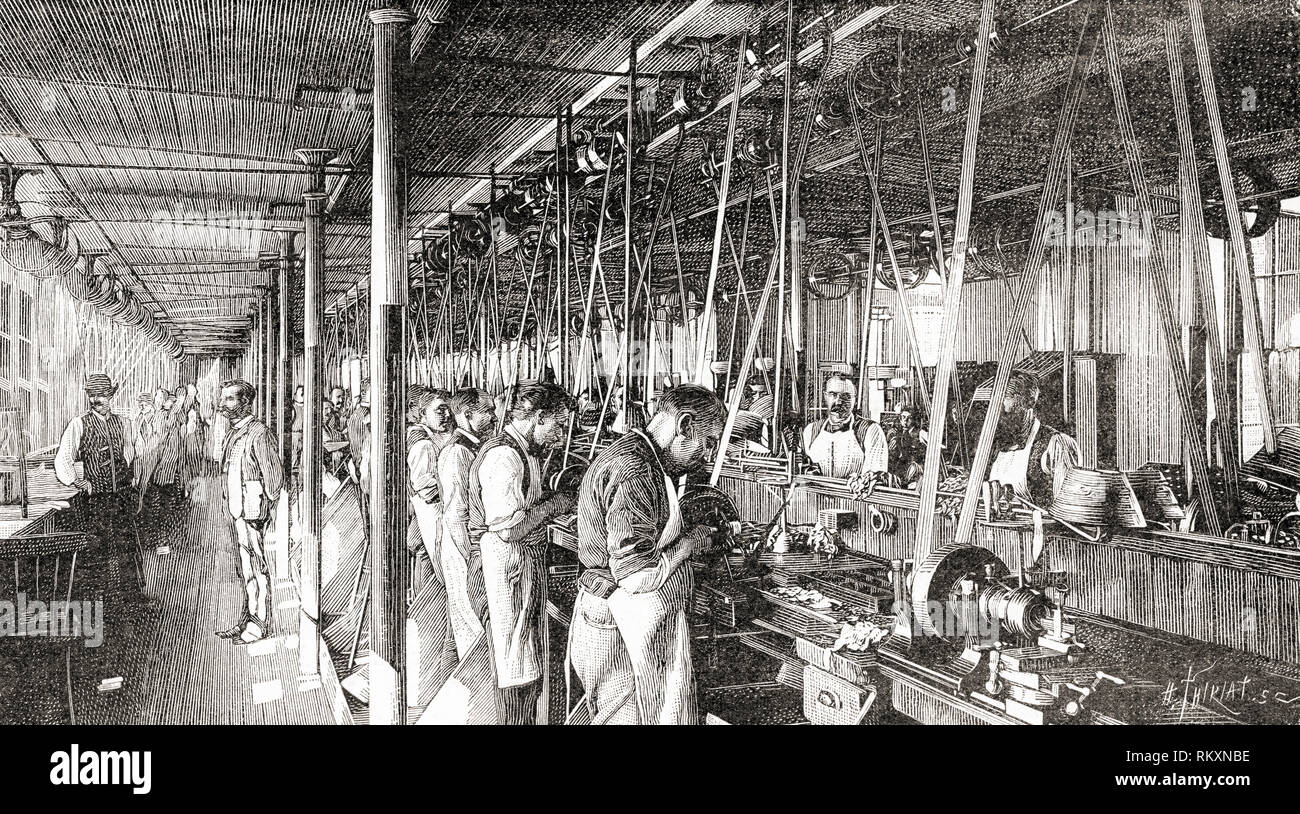 Der Waltham Watch Company, aka der American Waltham Watch Co. und der Amerikanischen Watch Co, Waltham, Massachusetts, Vereinigte Staaten von Amerika. Die minutemen Werkstatt. Von La Ilustracion Artistica, veröffentlicht 1887. Stockfoto