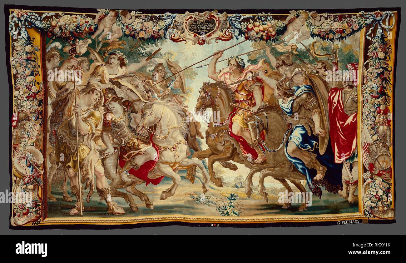 Caesar besiegt die Truppen des Pompeius aus der Geschichte Caesar und Cleopatra-C. 1680 - Nach einem Entwurf von Justus van Egmont (1601 - 1674) Gewebe an der Stockfoto
