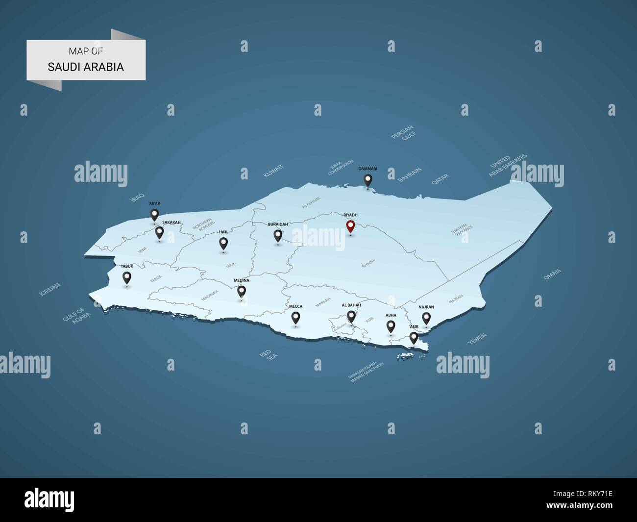 Isometrische 3D-Saudi-arabien Karte, Vector Illustration mit Städten, Ländergrenzen, Kapital, administrative divisions und Zeiger markiert; Farbverlauf blau backgroun Stock Vektor