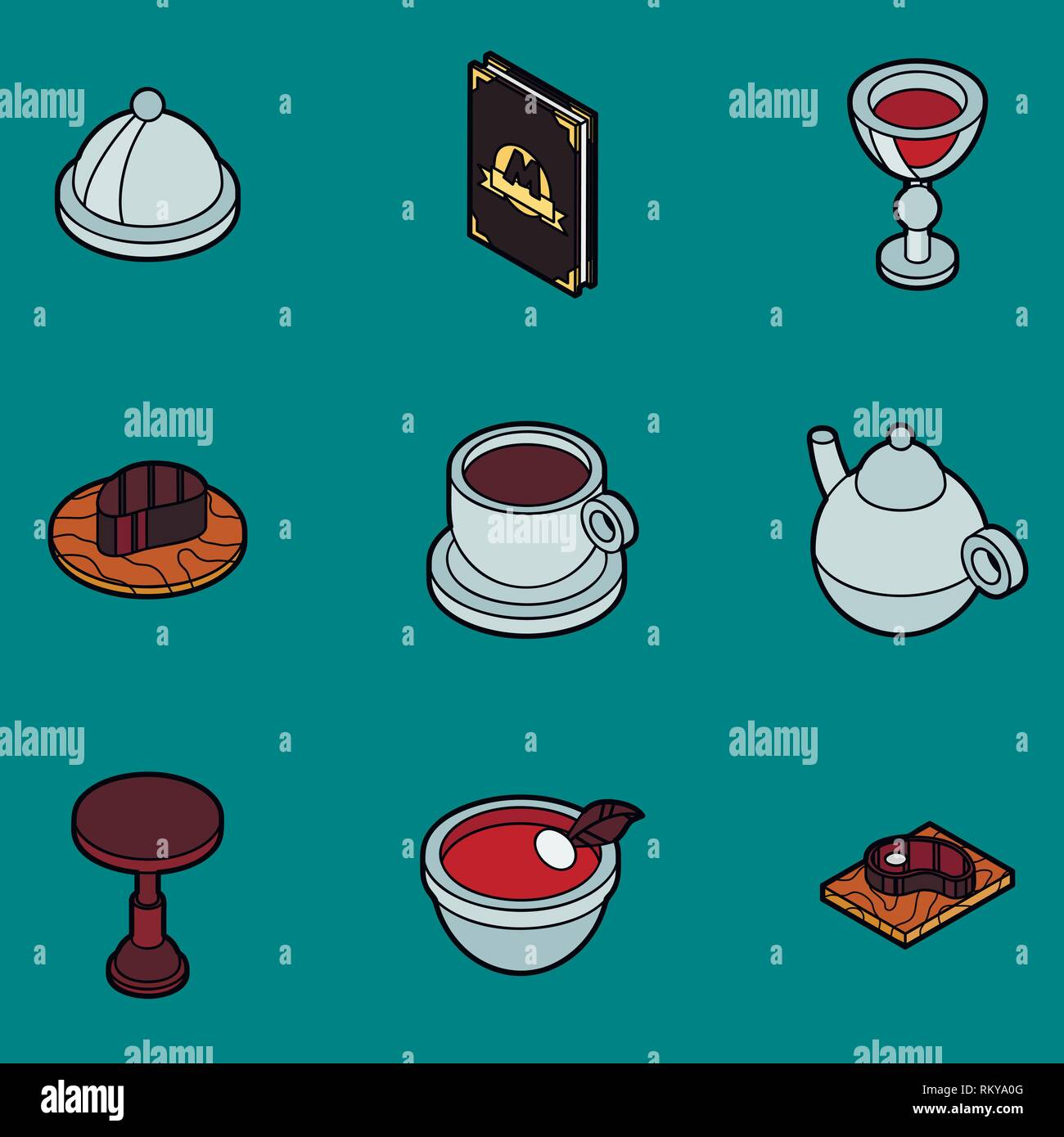 Restaurant flache Kontur isometrische Symbole. Vector Illustration, EPS 10. Stock Vektor