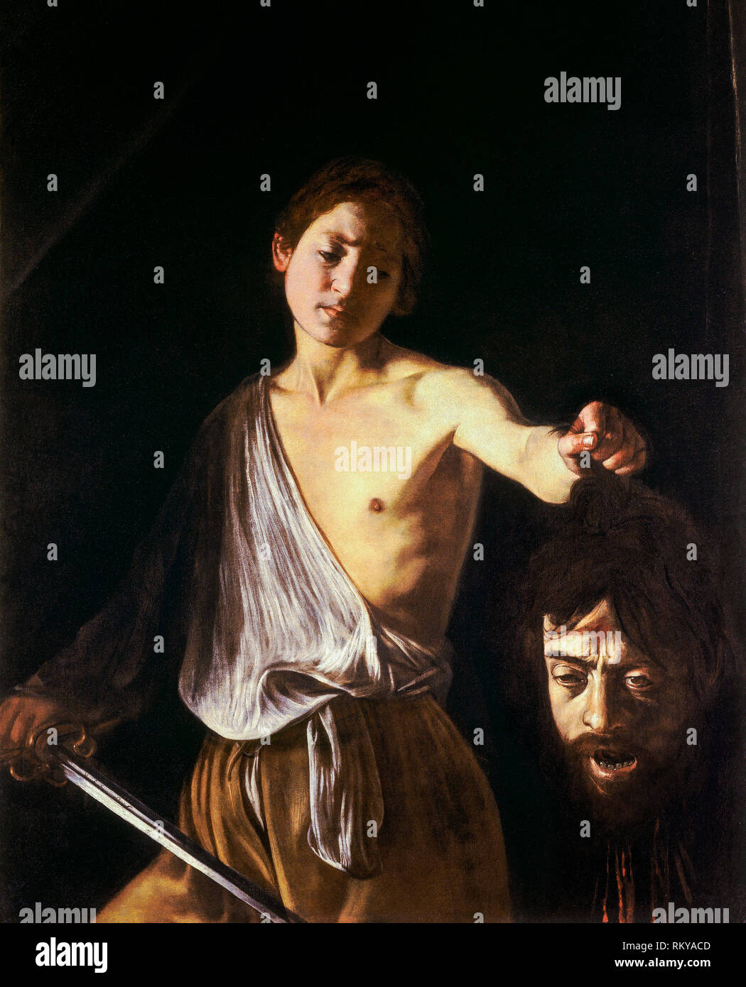 David mit dem Kopf von Goliath, Caravaggio, 1610, Öl auf Leinwand Stockfoto