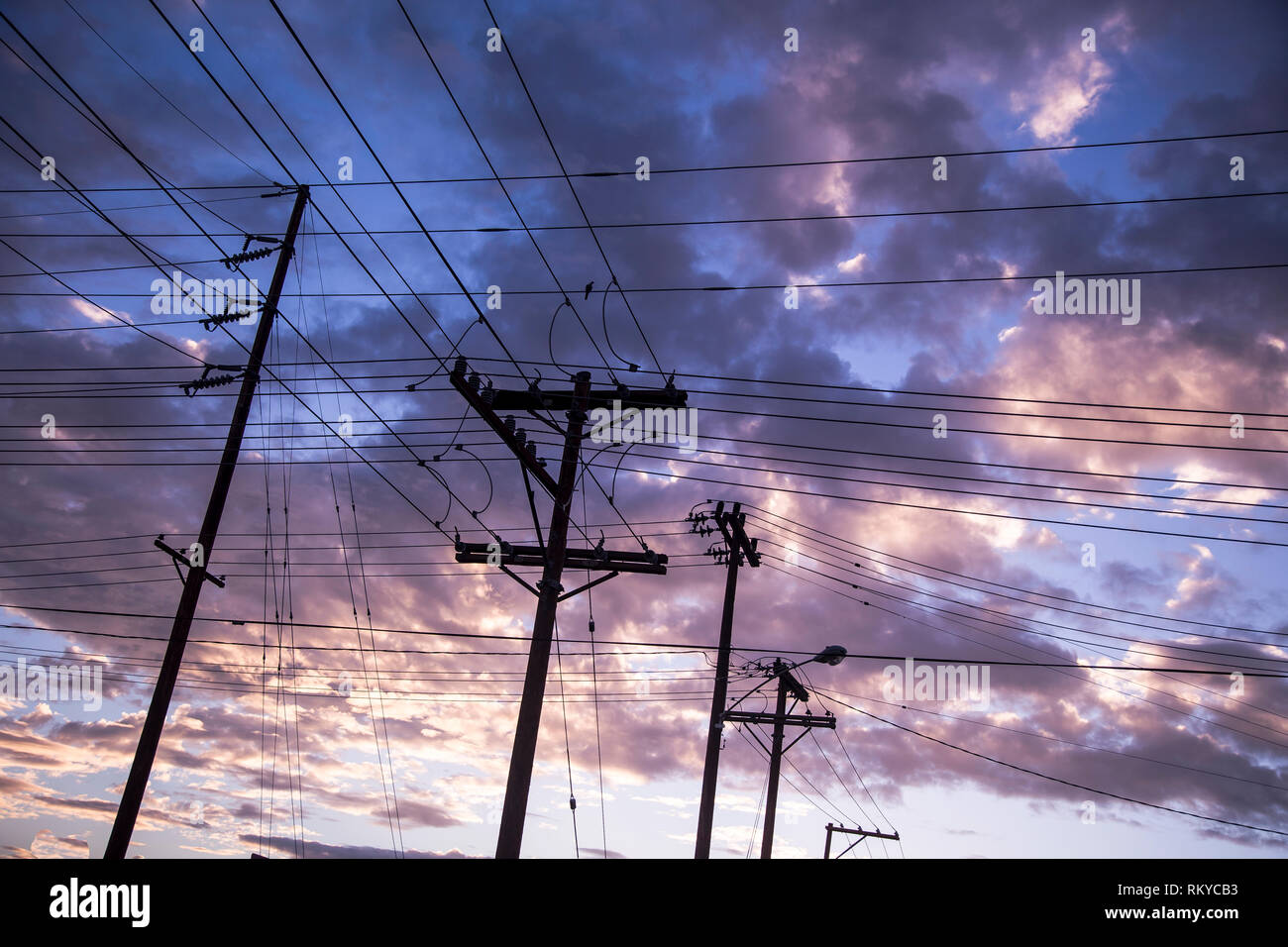 Zu Freileitungen und Masten in den Morgenhimmel bei Sonnenaufgang in El Centro in Kalifornien. Stockfoto