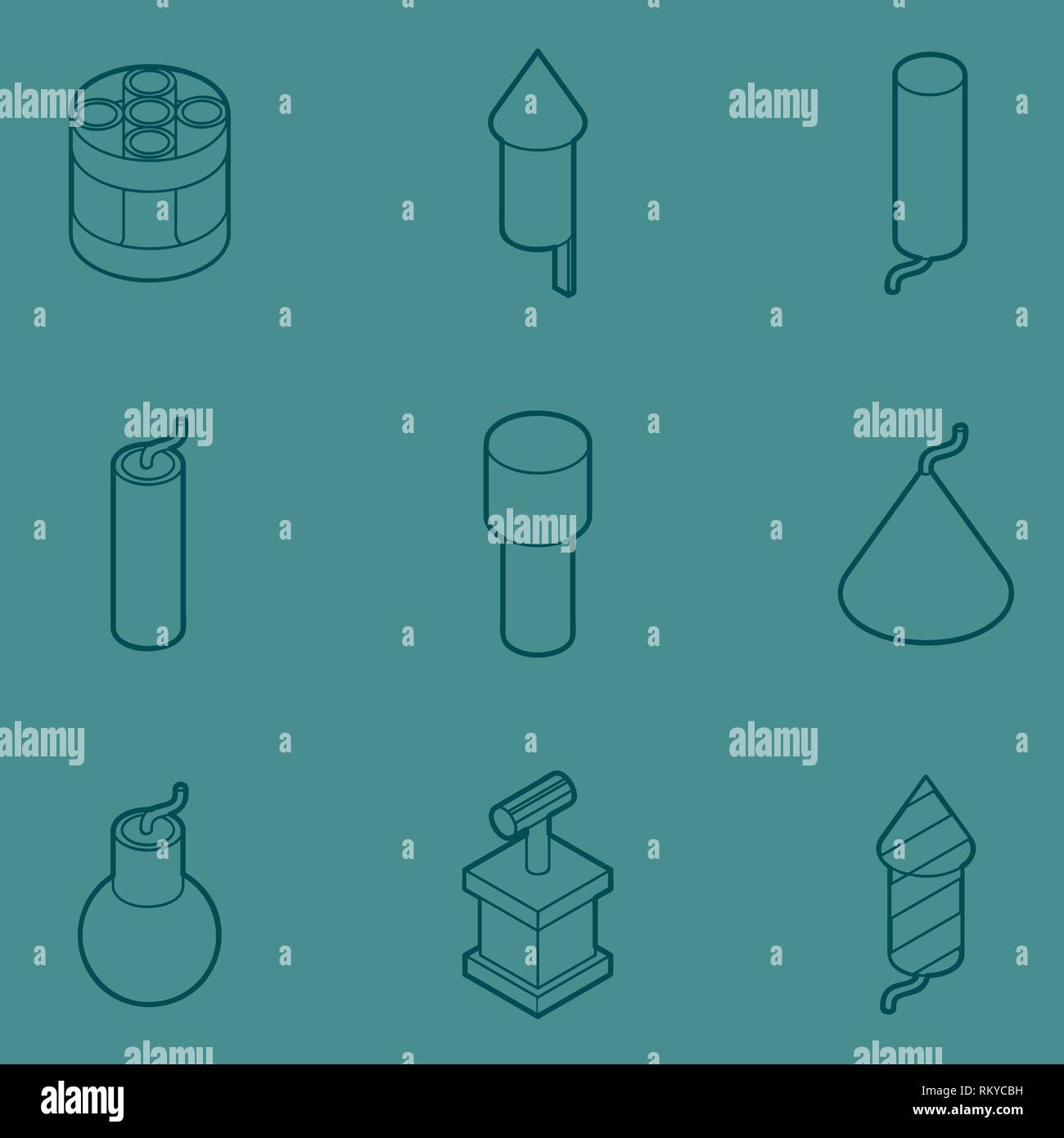 Pyrotechnik Farbe Umrisse isometrische Symbole. Vector Illustration, EPS 10. Stock Vektor