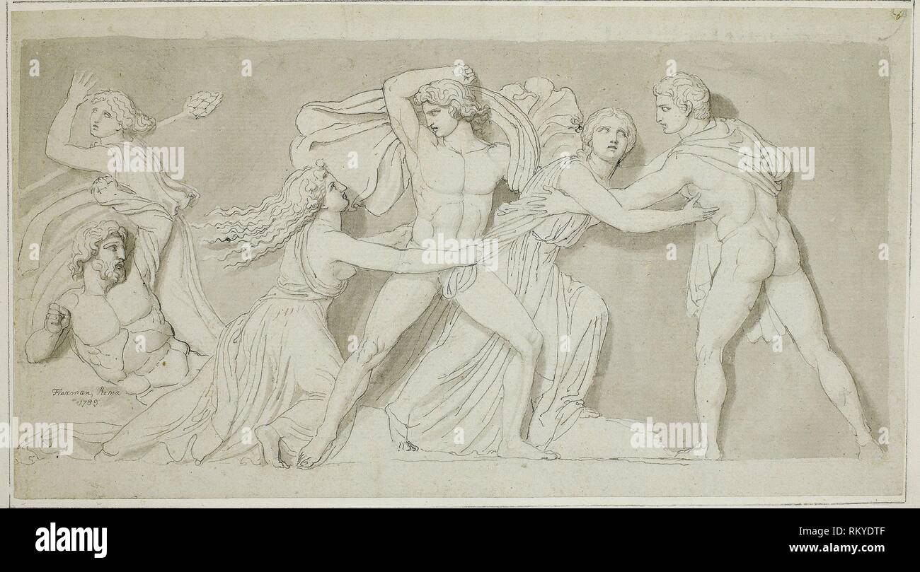 Amphion und Zethus liefern ihre Mutter Antiope von der Wut des Dirce und Lykos - 1789 - John flaxman Englisch, 1755-1826 - Artist: John flaxman, Stockfoto
