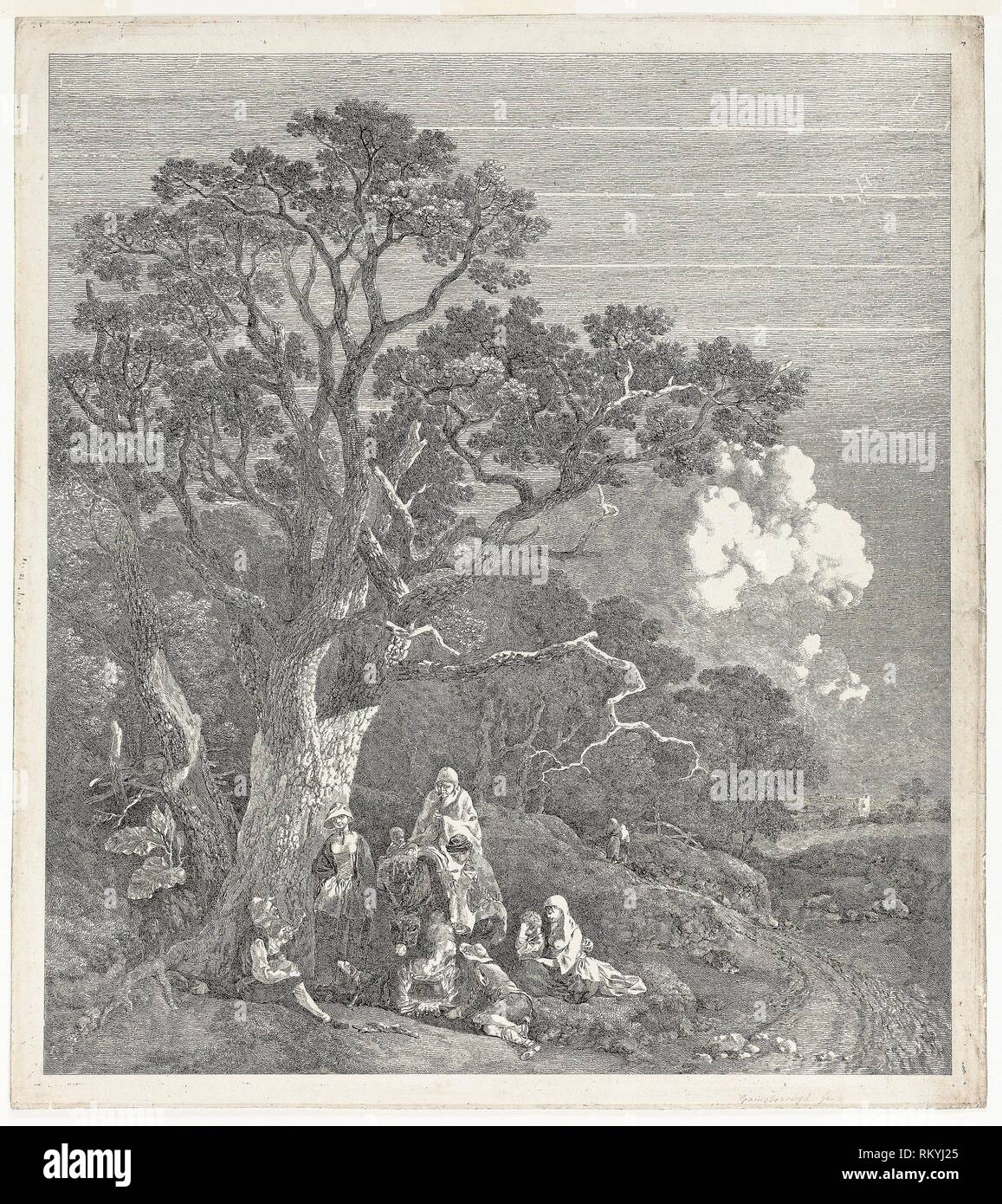 Bewaldete Landschaft mit Zigeunern sich um ein Feuer - 1753/54 - Thomas Gainsborough Englisch, 1727-1788 - Künstler: Thomas Gainsborough, Herkunft: USA Stockfoto