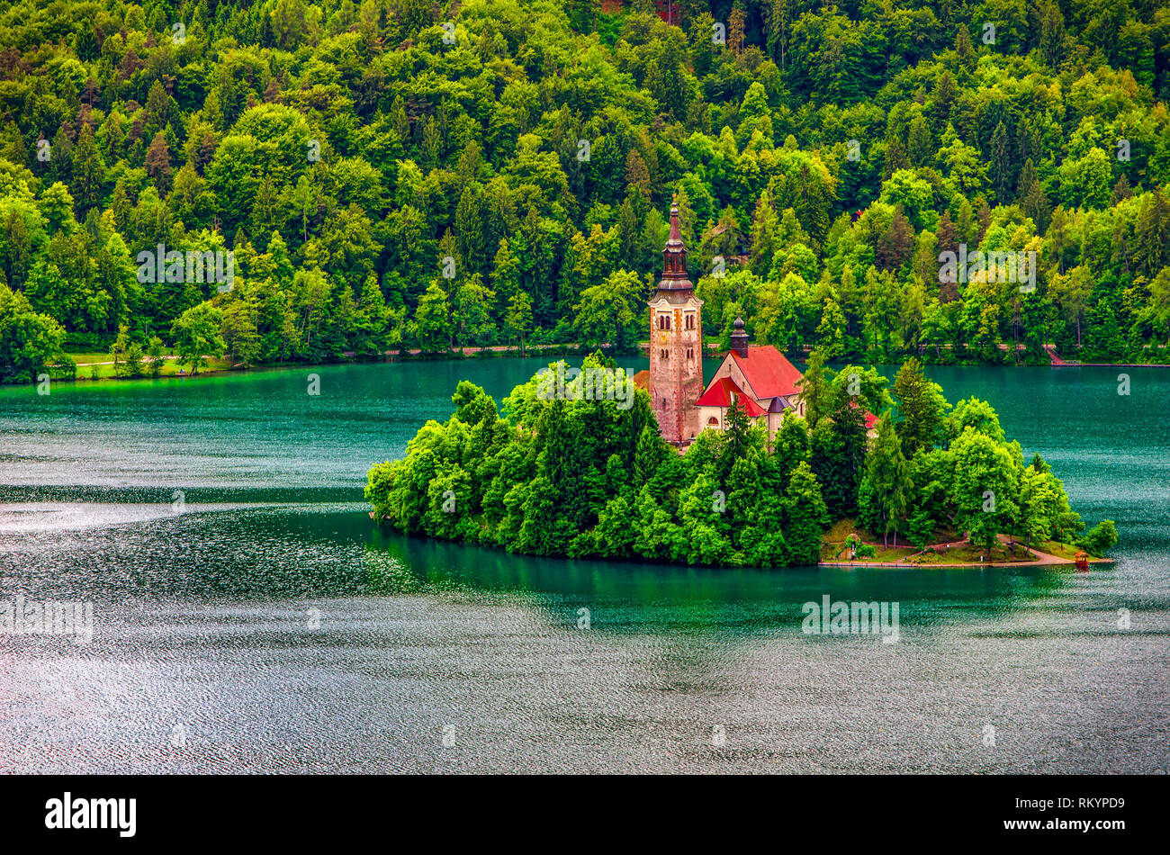 Der See Bled Kirche Insel Antenne Hintergrund - Slowenien Stockfoto