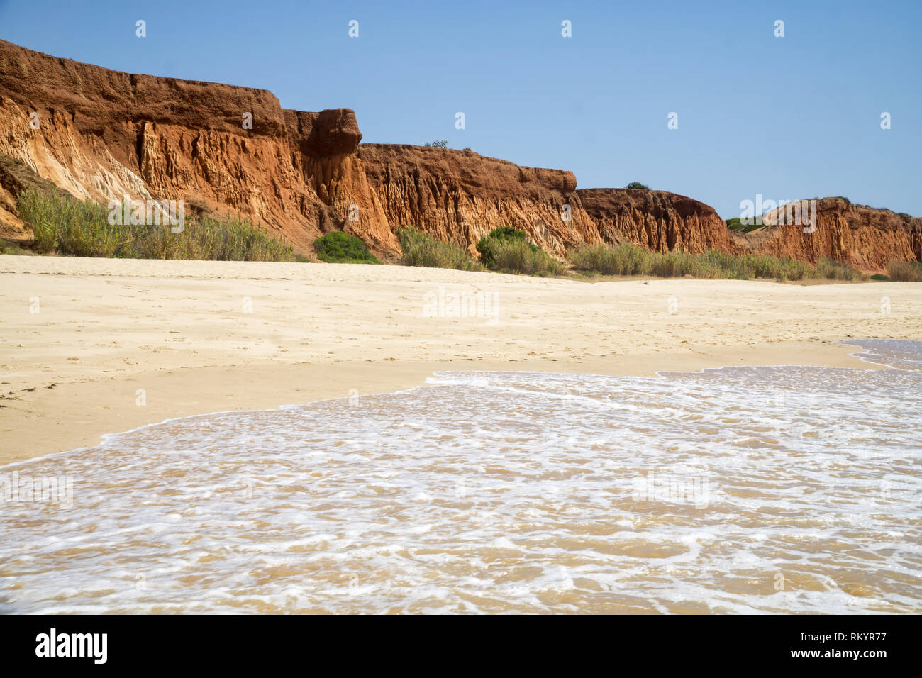 Hohe Klippen entlang den Strand Praia da Falésia und den Atlantik in Albufeira, Algarve, Portugal. Sonnigen Sommertag, blauer Himmel. Stockfoto