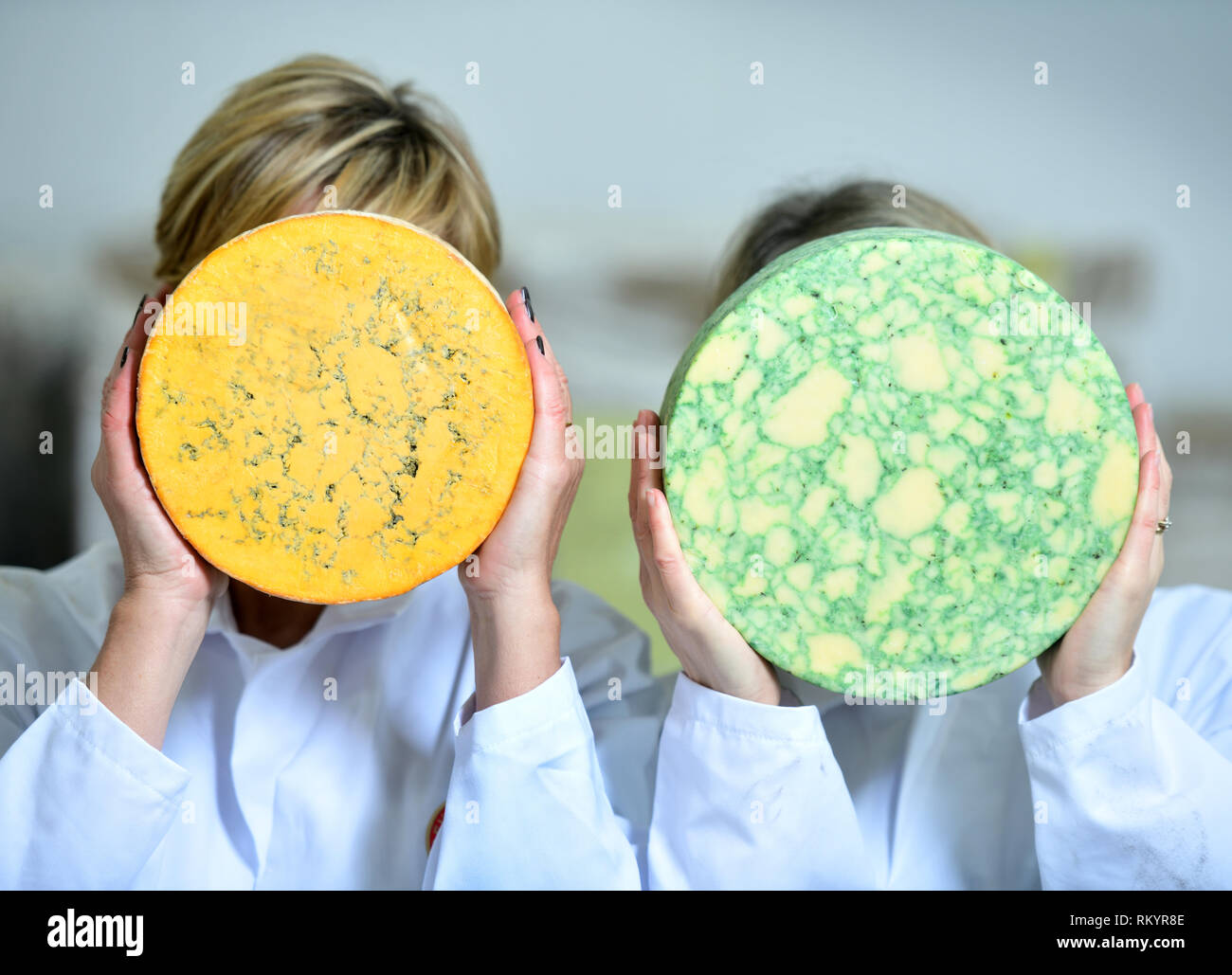 Zwei weibliche Molkerei Frauen mit einem Salbei Derby (rechts) und einem Shropshire Blue Käse UK Stockfoto