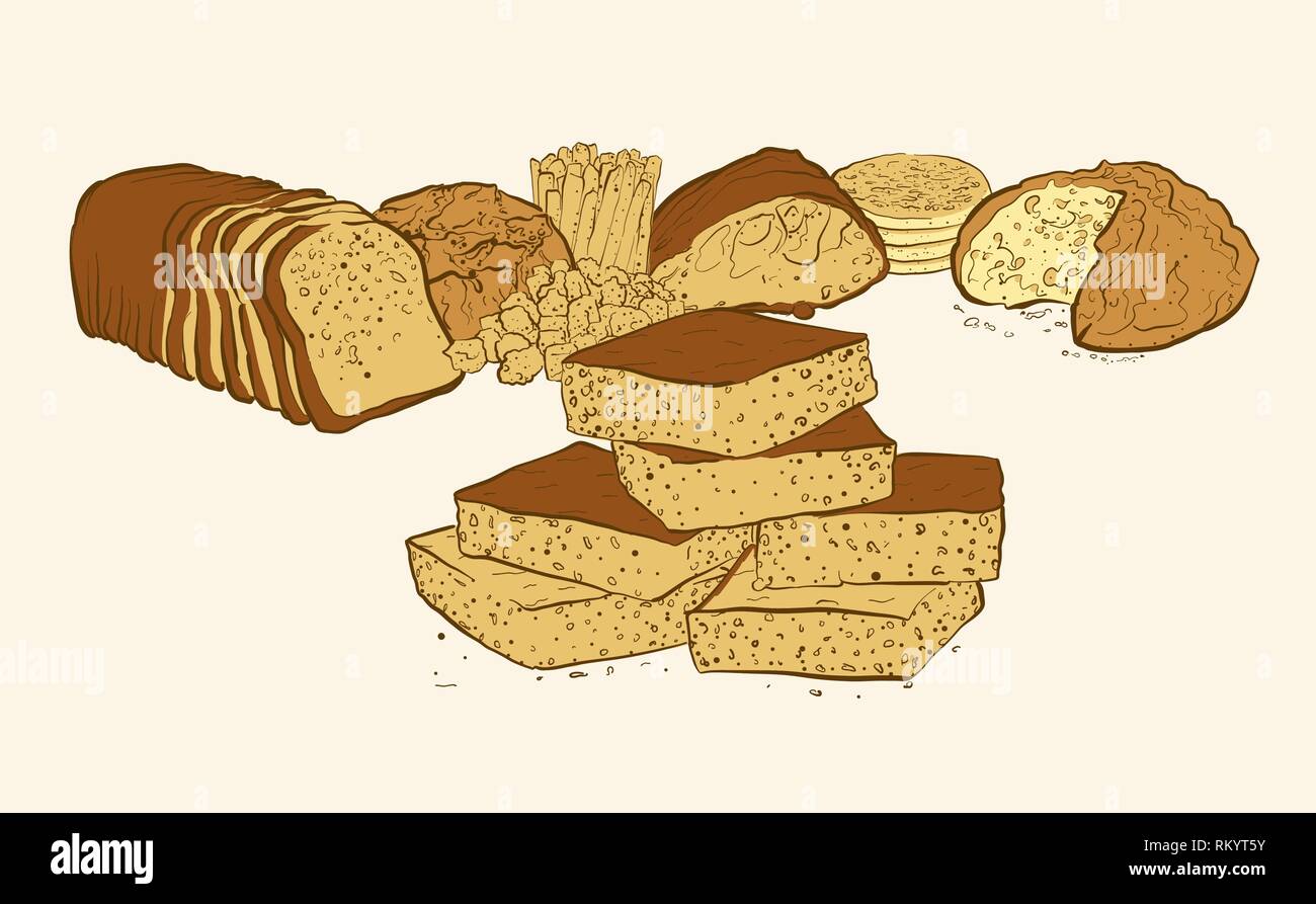 Süßigkeiten und Brot Zusammensetzung, Hand-Vektor Skizze gezeichnet Stock Vektor