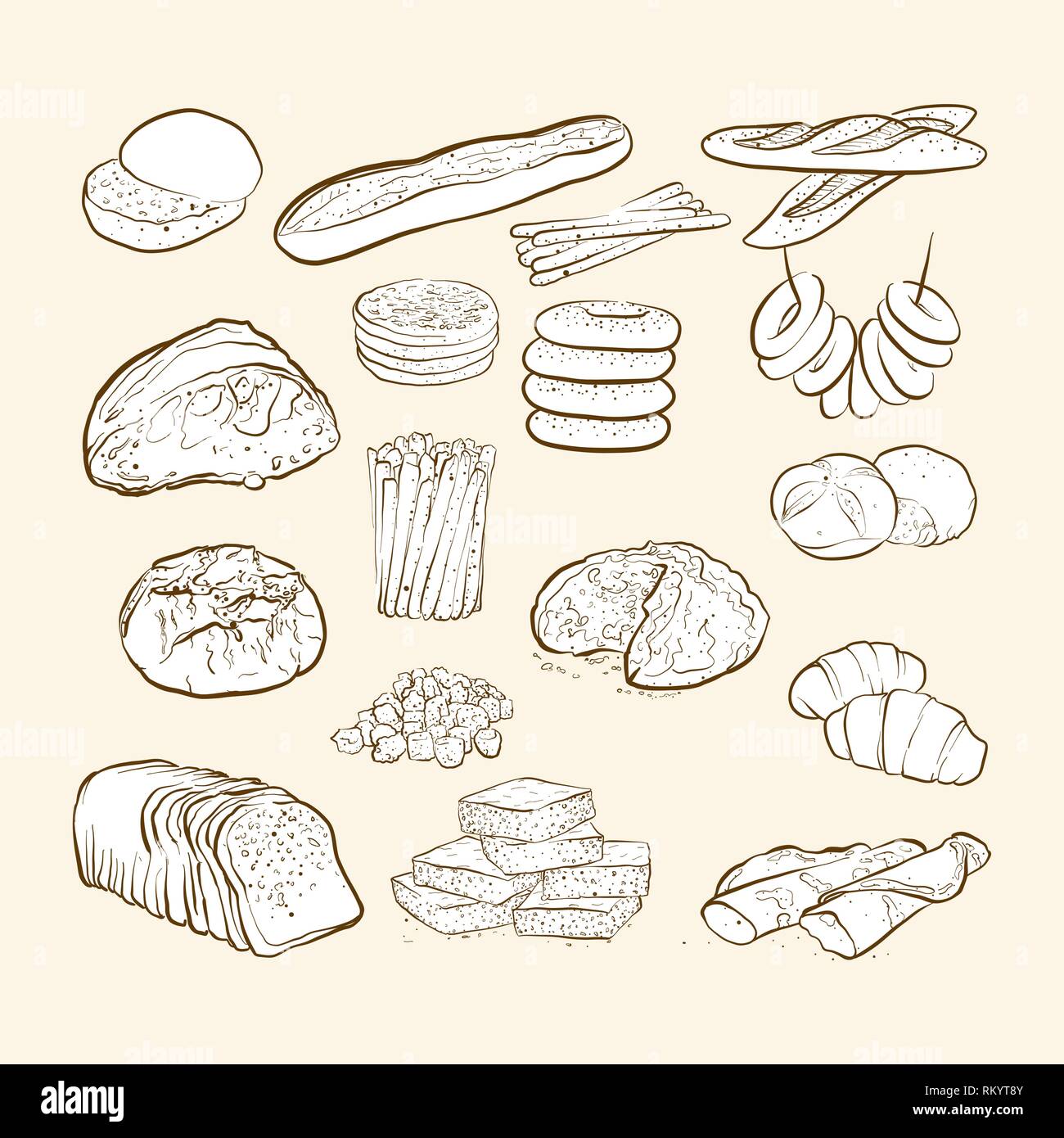 Brot und Backwaren Symbole, Hand-Vector Illustration gezeichnet Stock Vektor