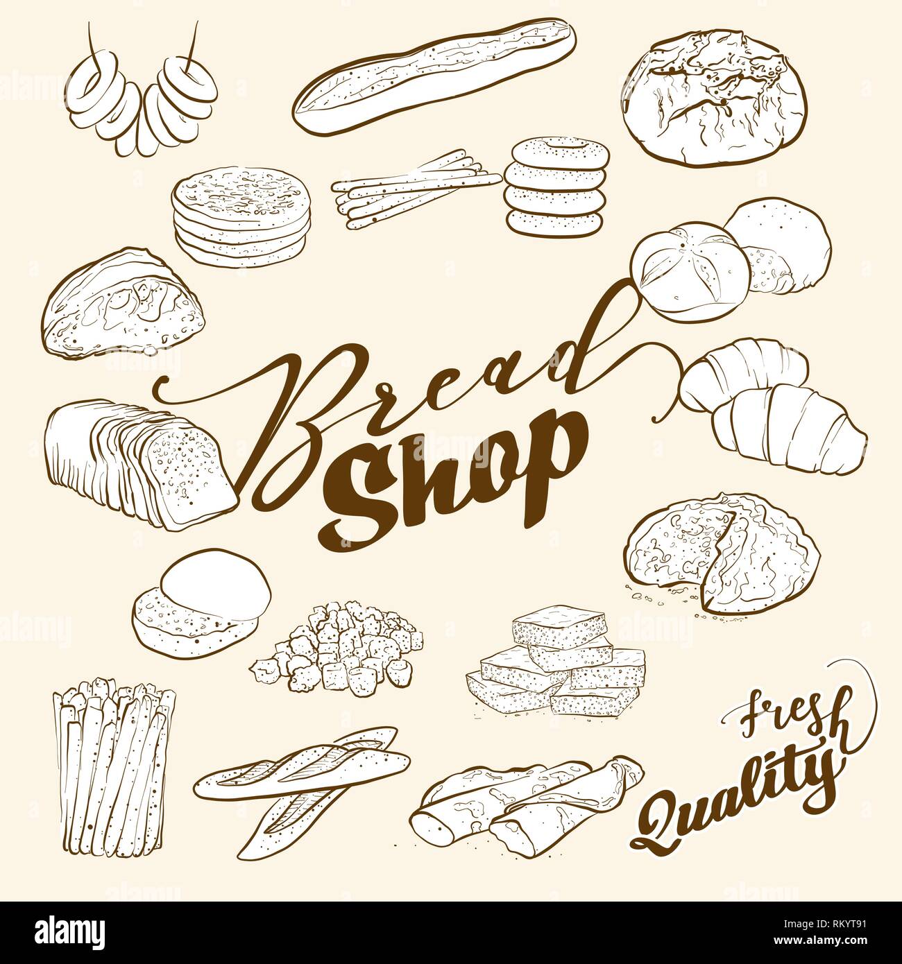 Brot Symbole mit der Typographie, handgezeichneten Vector Illustration Stock Vektor