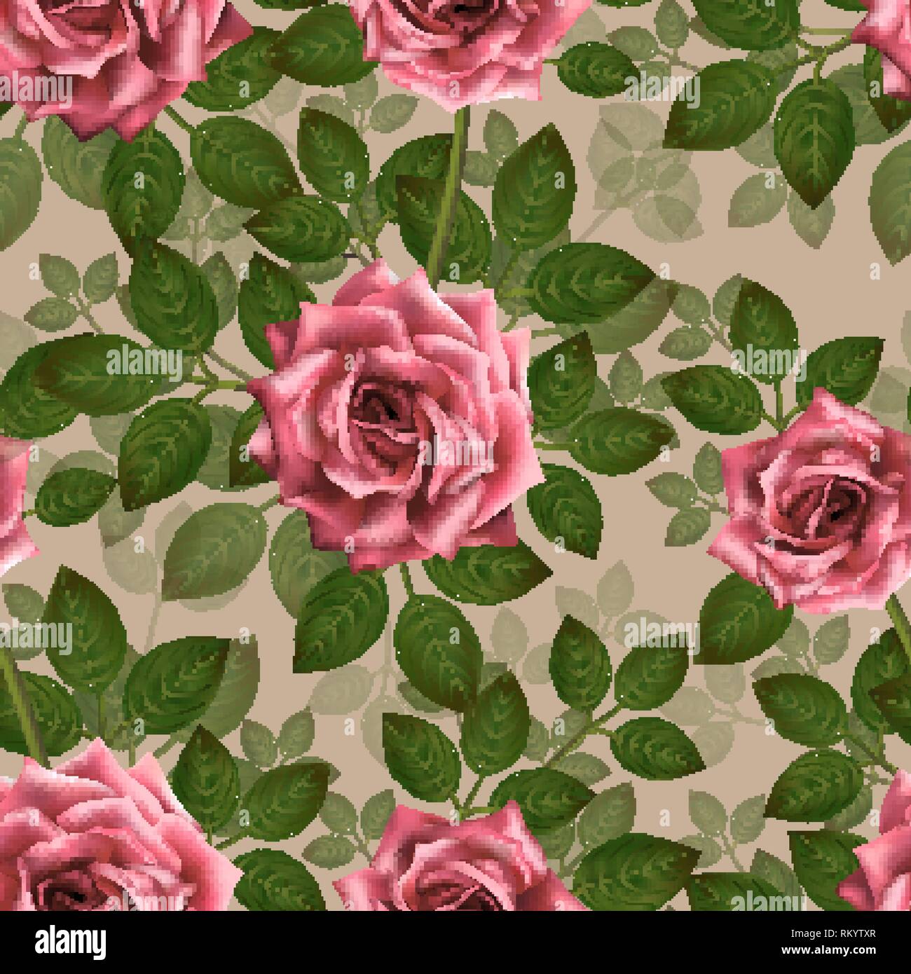 Nahtlose Muster mit rosa Rosen. Wunderschöne realistische Blumen mit Blättern. Photorealixtic rose bud, sauber vector High Ausführliche führen. Stock Vektor