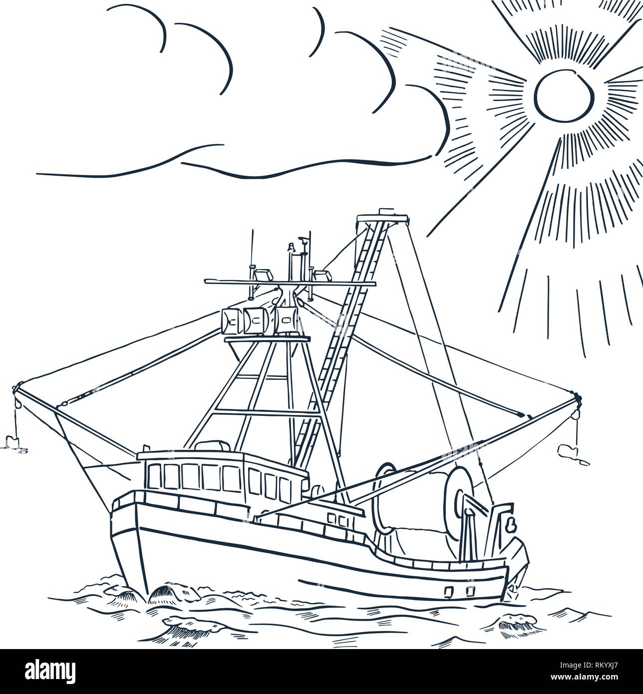 Angeln Schiff. Lachs angeln Boot. Alaska. Vector Illustration. Stock Vektor