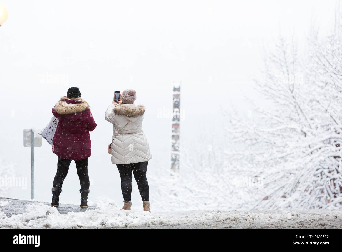 Seattle, Washington: Besucher halt ein Foto von der Elliott Bay als starker Wintersturm decken Seattle in sechs Zoll Schnee zu nehmen. In der Ferne ist Stockfoto