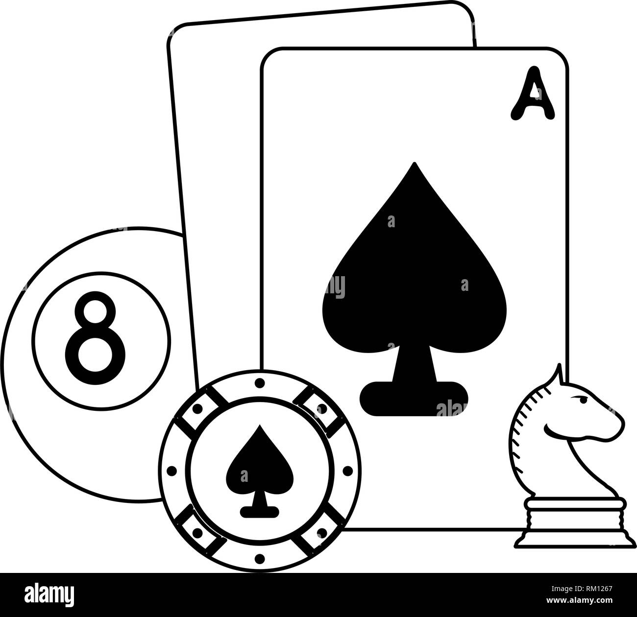 Casino Autos chip und Pool Ball mit Schachfigur in Schwarz und Weiß Stock Vektor