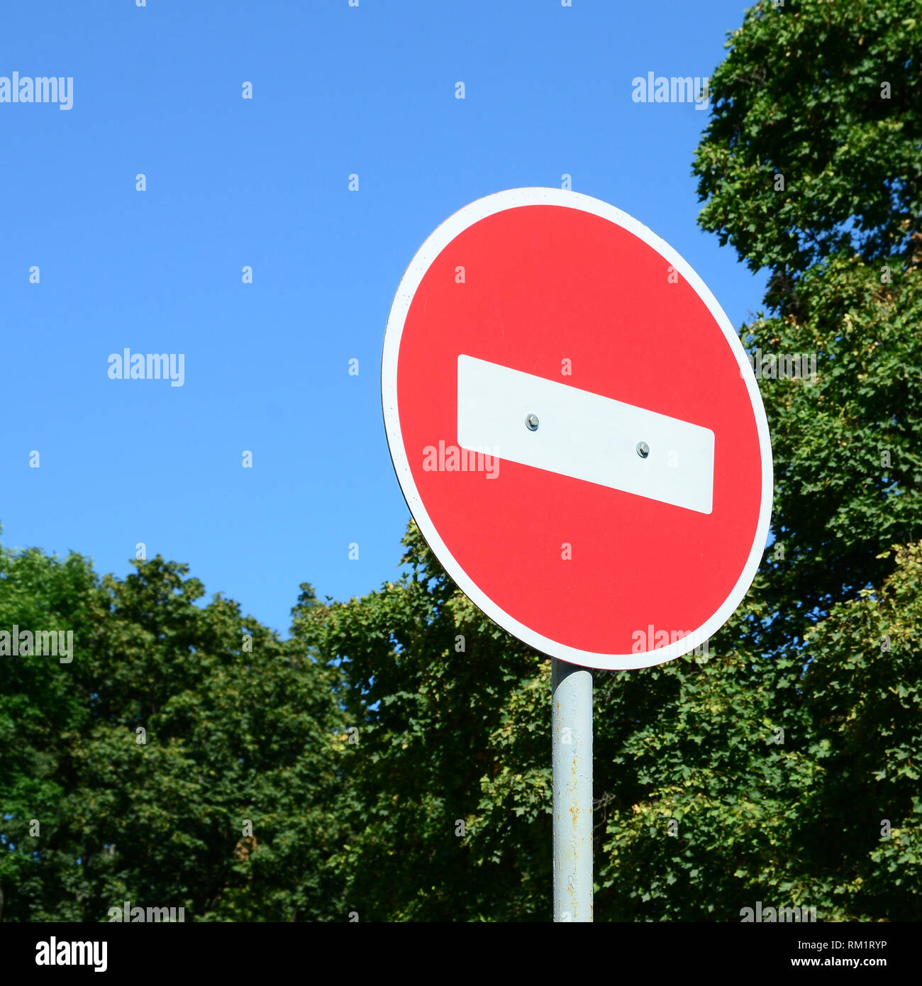 Eine kreisförmige rotes Schild mit einem weißen Balken zeigt an, dass KEIN EINTRAG auf grauem Metall Post gegen einen grünen Bäume und der blaue Himmel Stockfoto