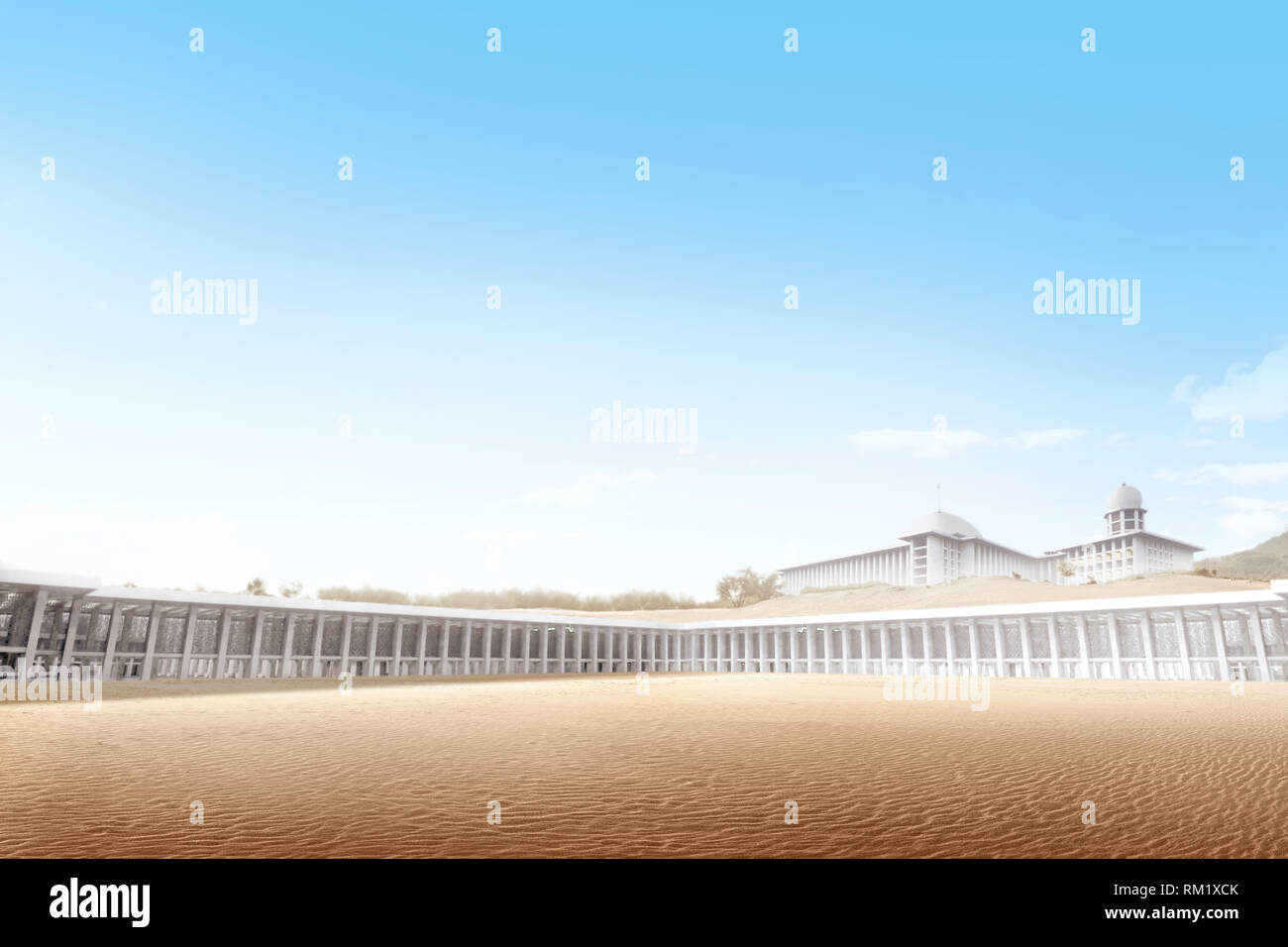 Schöne Moschee in der Wüste mit Sand und blauem Himmel Hintergrund Stockfoto