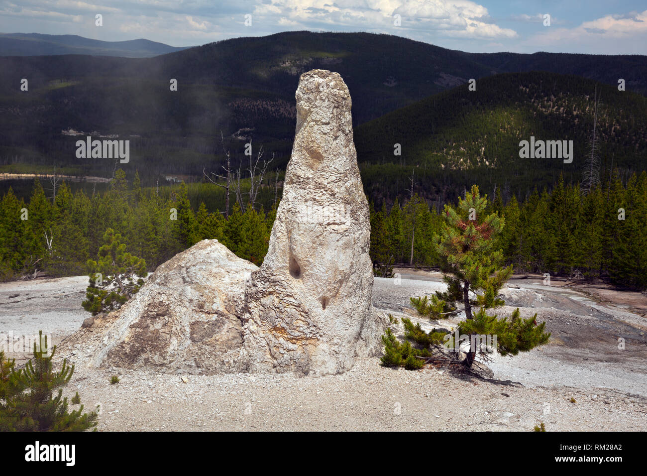 WY 03455-00 ... WYOMING - ein Kegel links von einem schlafenden Geysir im Denkmal Geyser Basin Bereich der Yellowstone National Park. Stockfoto