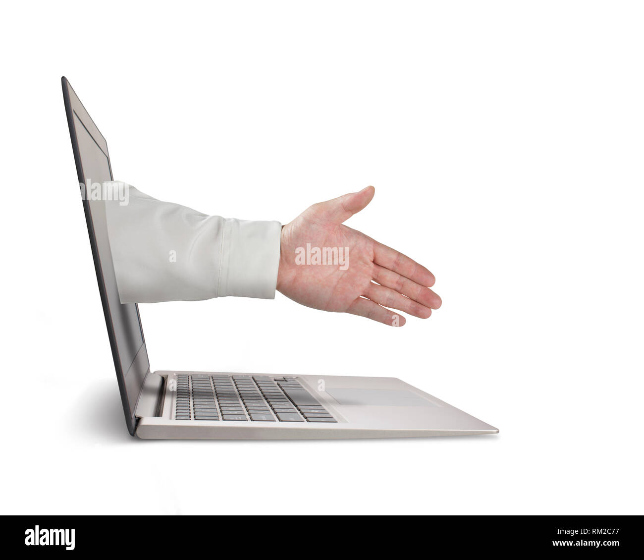 Business mann Hand erreichen Sie vom Bildschirm mit zu schütteln, in weißem Hintergrund Stockfoto