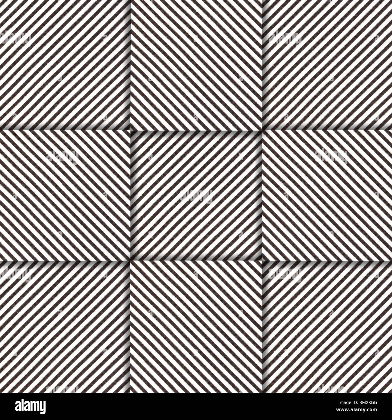 Schwarz und Weiß 9 Quadrate mit diagonalen Linien, die größeren Platz mit 3D-Look auf Stoff Design mit schwarzen Linien auf weissem Hintergrund Stockfoto