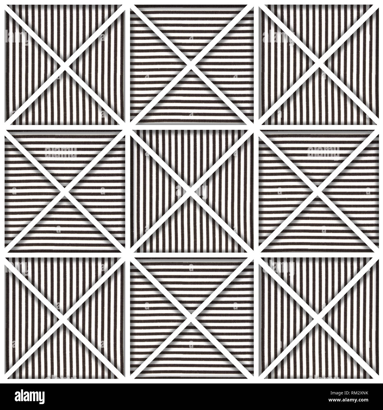Schwarz und Weiß, 9 Quadrate mit direkten Linien bilden größere Platz mit 3D-Optik auf der Basis von Stoff Design mit schwarzen Linien auf weissem Hintergrund und triangl Stockfoto