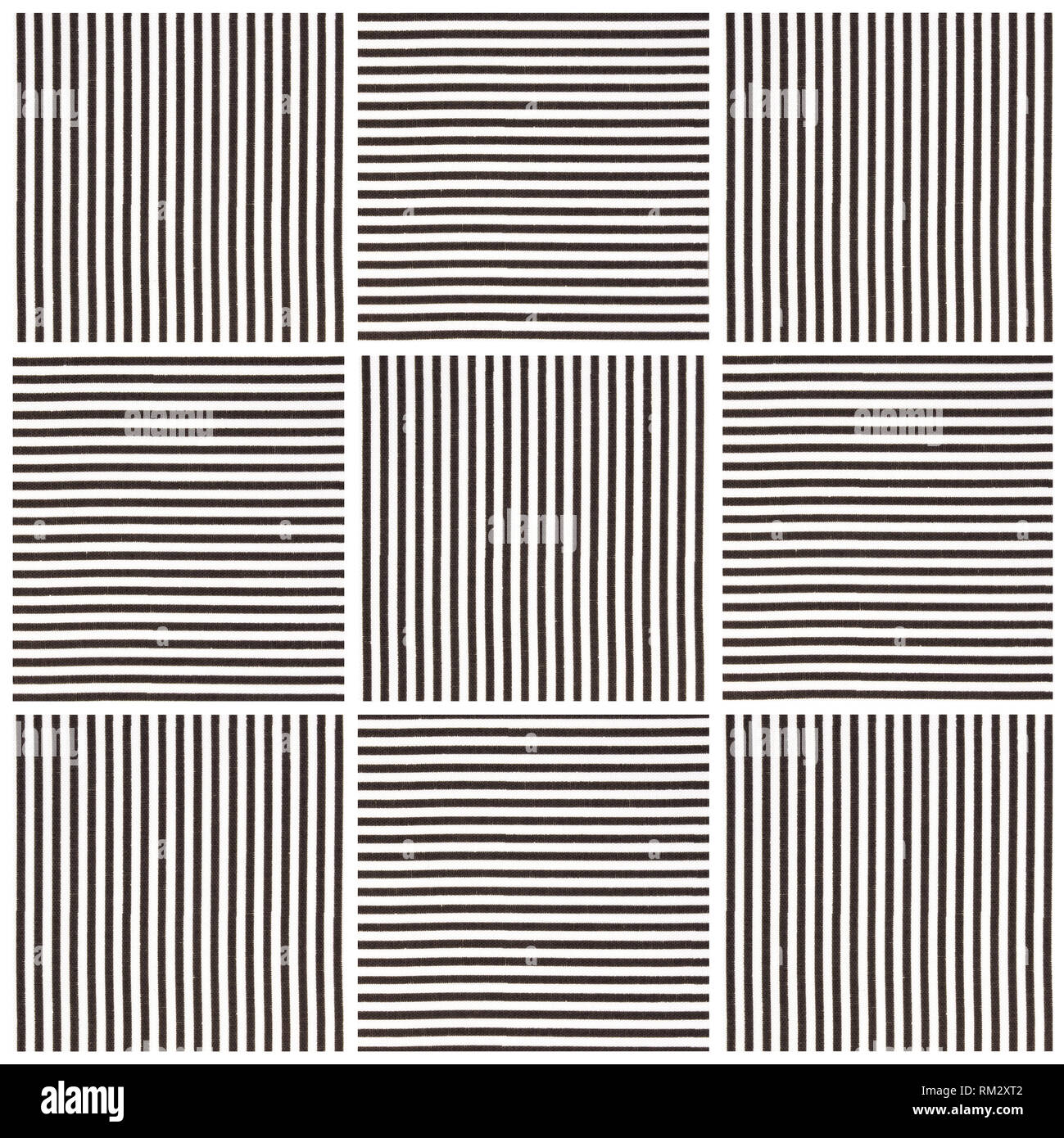 Schwarz und Weiß, 9 Quadrate mit direkten Linien bilden größere Platz mit 3D-Look auf Stoff Design mit schwarzen Linien auf weissem Hintergrund und Frames Stockfoto