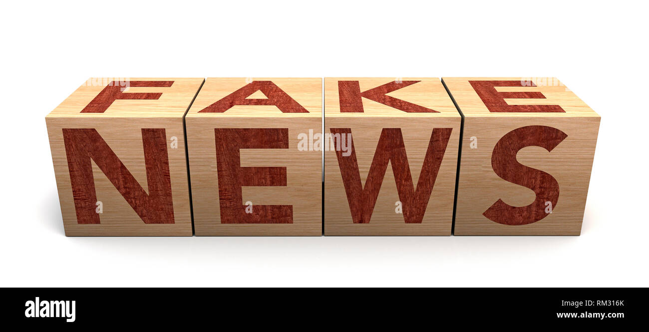 Holzwürfel Block auf weißem Hintergrund mit Word gefälschte Nachrichten. Konzept. Unerwünschte Nachrichten gezielte Desinformation oder hoaxes Stockfoto