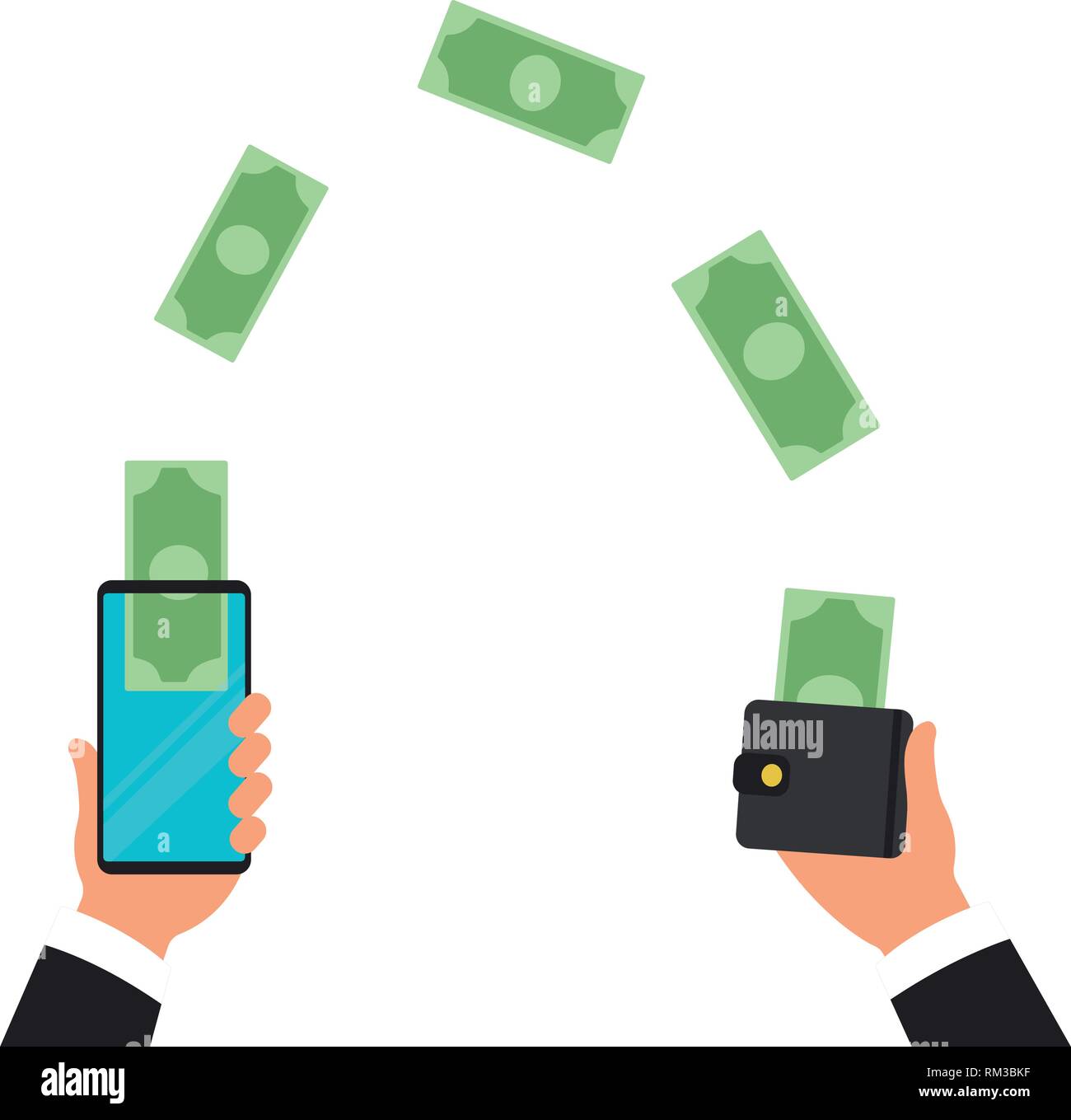 Geldtransfer von der Brieftasche auf das Mobiltelefon im isometrischen Vektordesign. Digitale Zahlung oder Online-Cashback-Service. Mobile Banking-Transaktionskonzept Stock Vektor