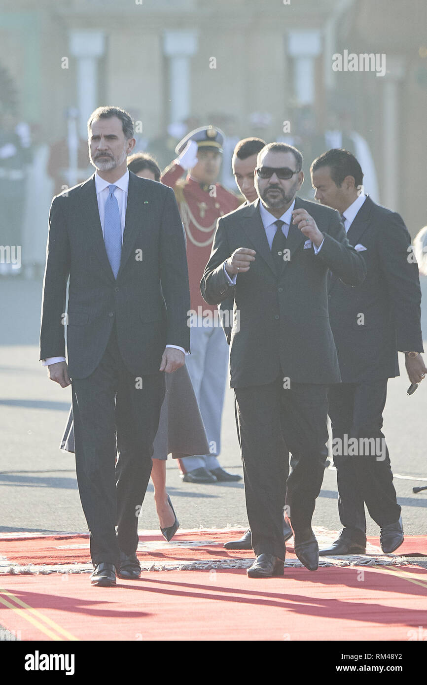 Rabat, Marokko. 13 Feb, 2019. Queen Letizia von Spanien, König Felipe VI. von Spanien, Prinz Moulay Rachid El Alaoui von Morrocom, Moulay Hassan Ankunft im Royal Palace für eine begrüßungszeremonie am 13. Februar 2019 in Rabat, Marokko. Die spanischen Royals sind auf einem zweitägigen Besuch in Marokko Credit: Jack Abuin/ZUMA Draht/Alamy leben Nachrichten Stockfoto