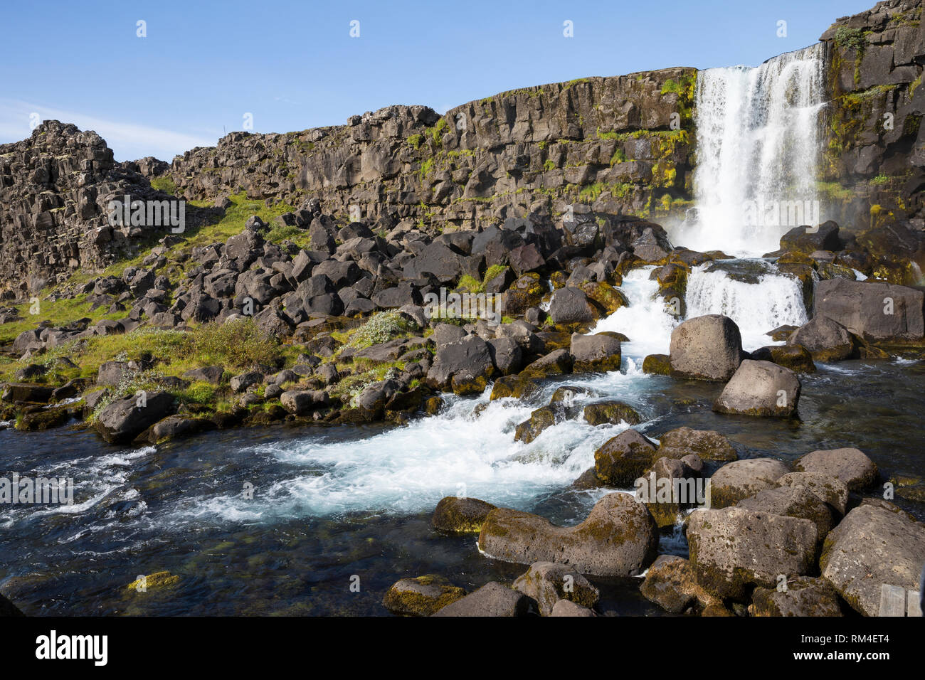 , Wasserfall Öxararfoss Öxarárfoss, im Westen von Island, er speist sich aus dem Wasser der Öxará, Öxara. Þingvellir, Pingvellir, Thingvellir, Þingvell Stockfoto