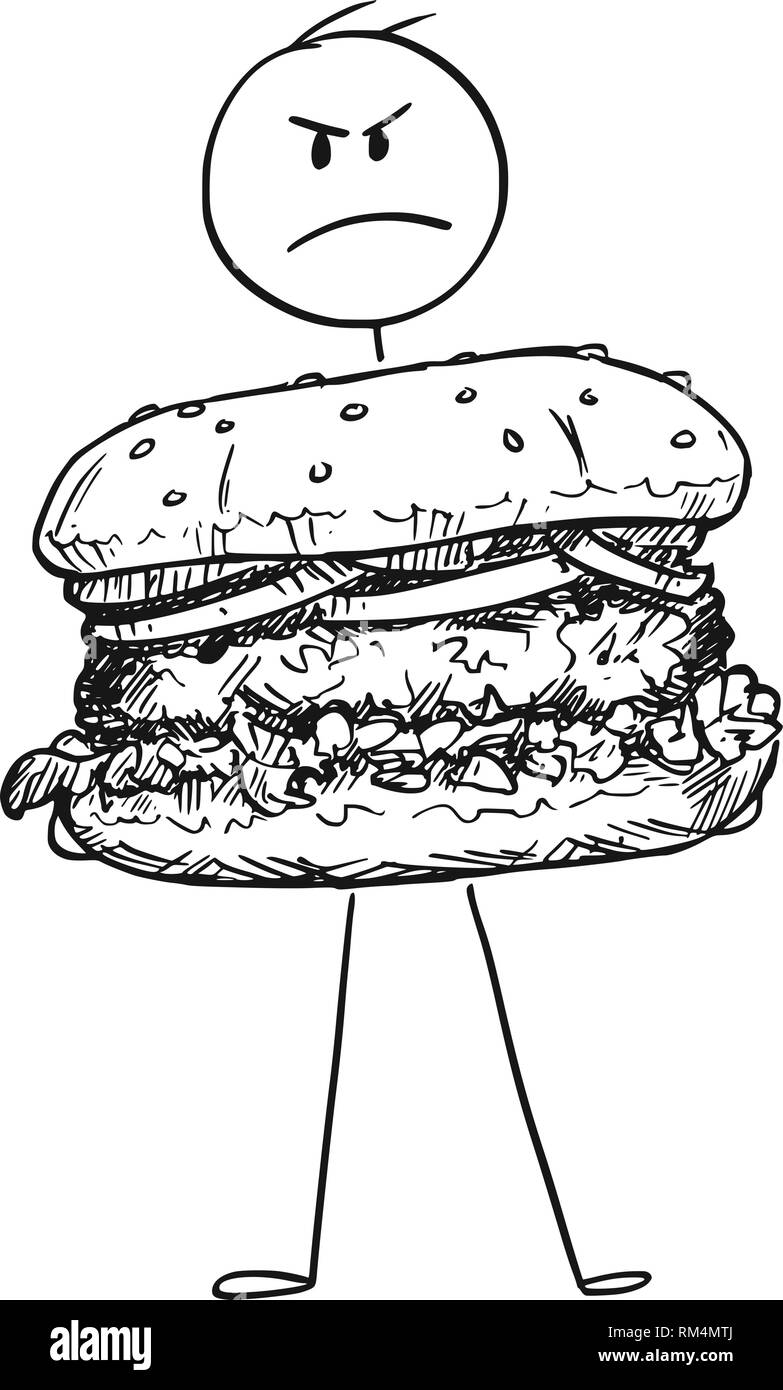 Cartoon von wütenden Mann, Big Burger oder Hamburger Stock Vektor