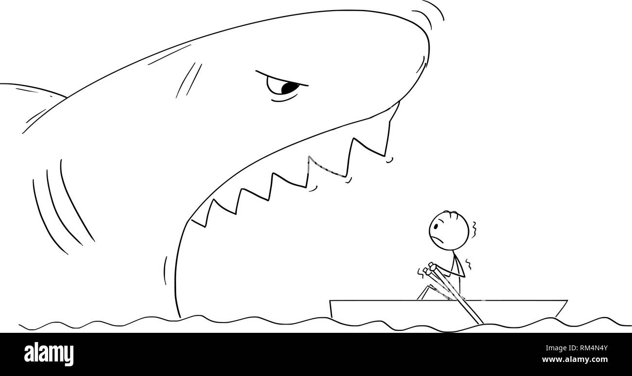Cartoon Zeichnung des Menschen in kleinen Boot und gefährlichen Riesen Hai mit Mund offen Stock Vektor