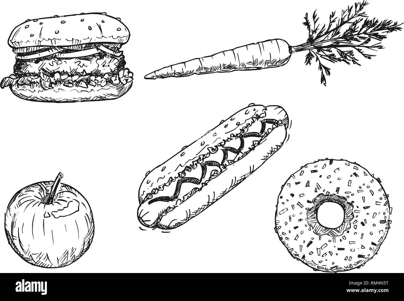 Cartoon Zeichnung der Satz von Gemüse, Obst und Desserts. Stock Vektor