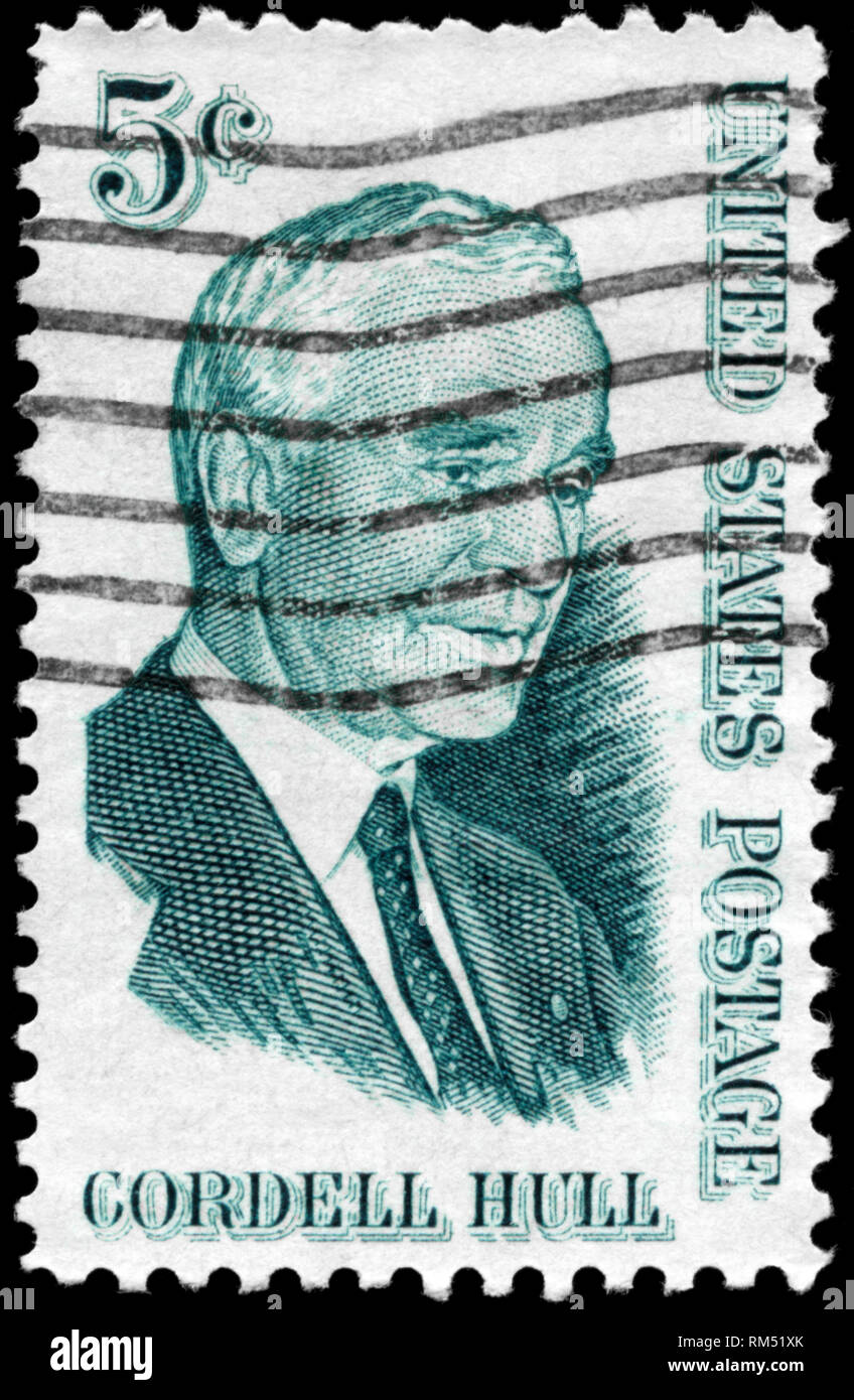 USA - ca. 1963: einen Stempel in den USA gedruckten zeigt das Portrait einer Cordell Hull (1871-1955), Staatssekretär, ca. 1963 Stockfoto