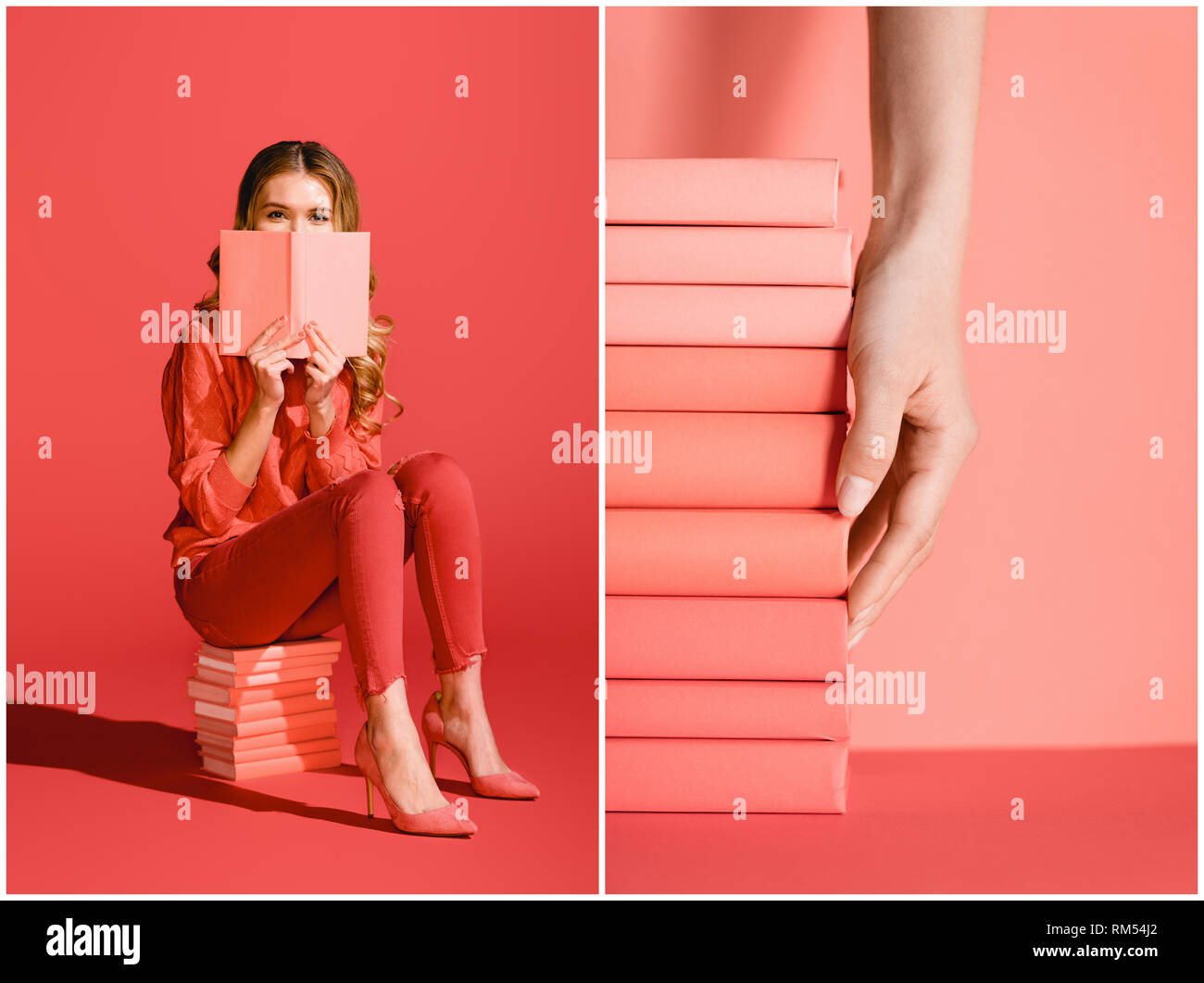 Collage mit junge Frau und lebende Korallen Bücher. Pantone-Farbe des Jahres 2019 Konzept Stockfoto
