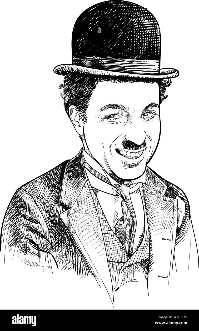 Charlie Chaplin Porträt im Einklang Art Illustration. Er war Englisch komischer Schauspieler, Movie Maker und Komponisten, stieg der Ruhm in der Ära der Stummfilm. Stock Vektor