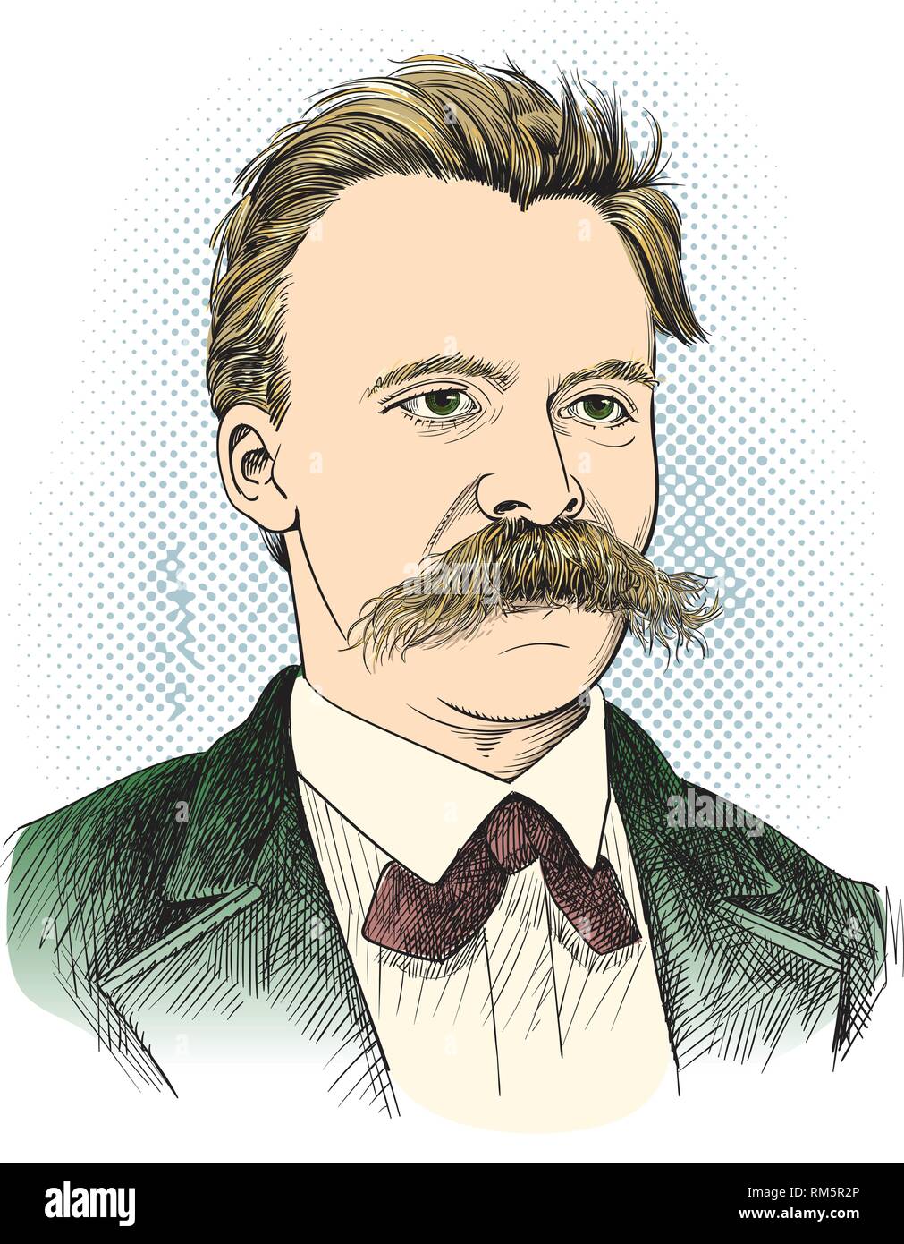 Friedrich Nietzsche Portrait im Einklang Art Illustration. Er war deutscher Philosoph, Philologe, Dichter, Komponist und klassischer Philologe. Bearbeitbare Layer. Stock Vektor