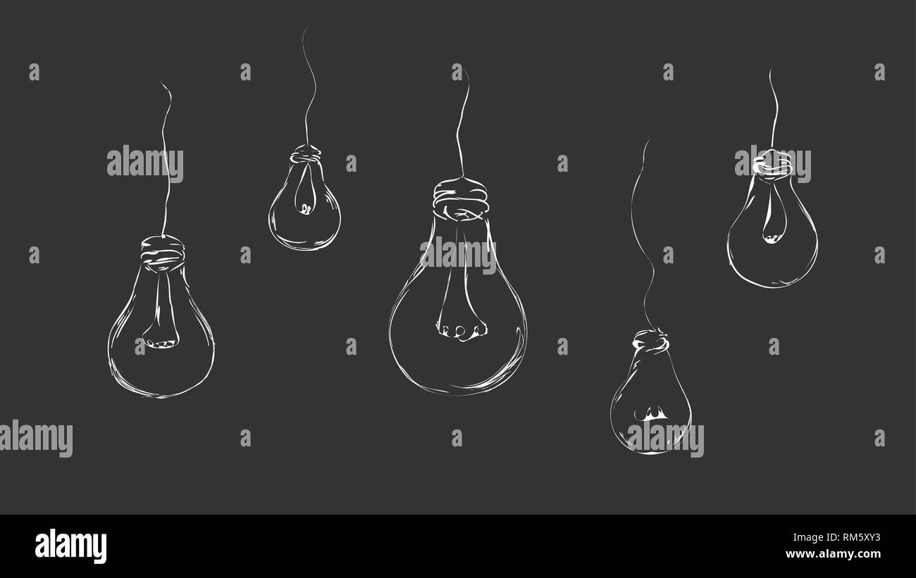 Gezeichnet von Glühbirnen im minimalistischen Stil in Form von Drähten auf grauem Hintergrund für Inneneinrichtung, Design, Werbung, Ideen, Symbole. Stock Vektor
