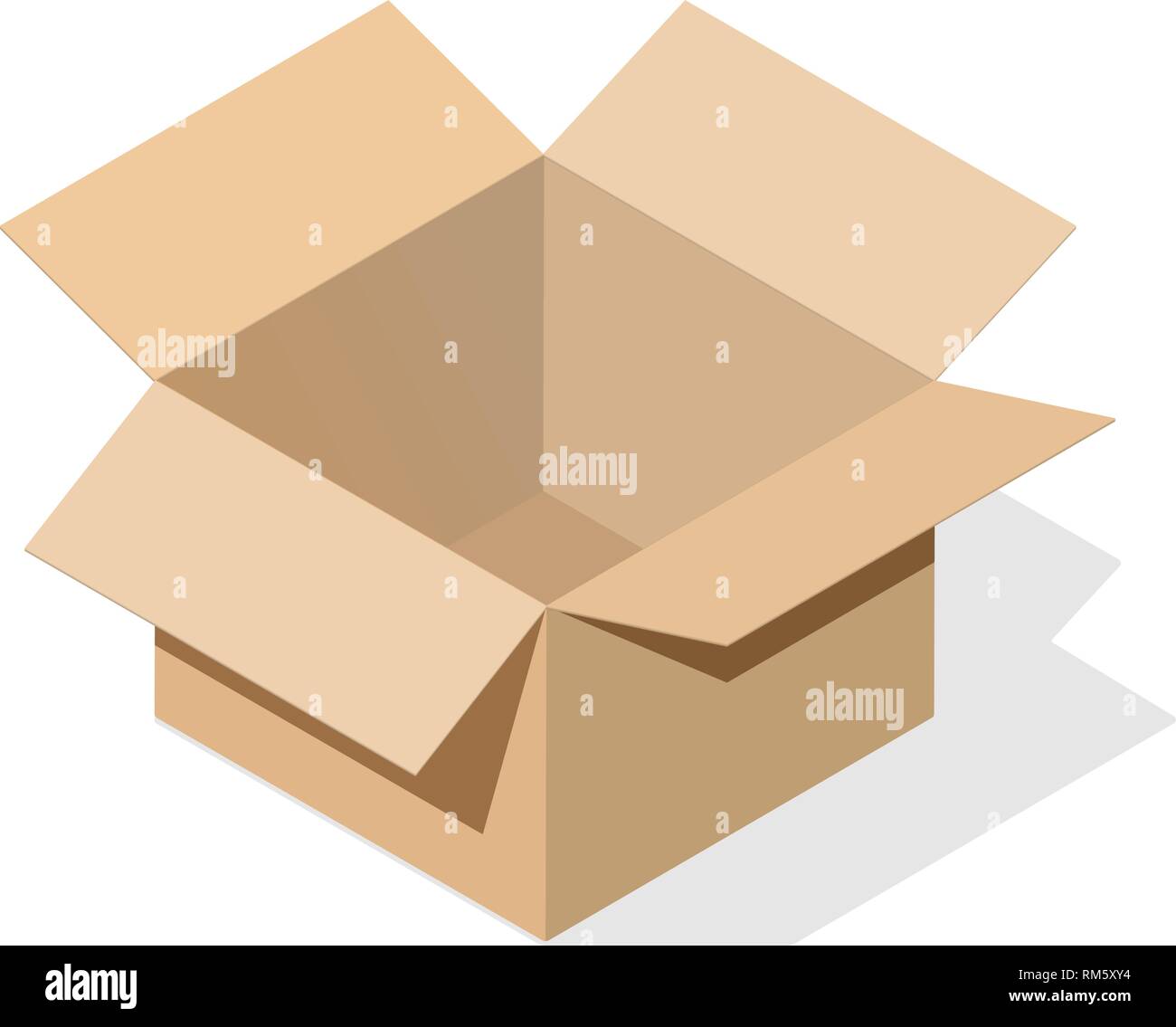 Miniatur 3D-Box in einer offenen Version von hellbrauner Pappe. Objekt auf einen weißen Hintergrund mit einem Schatten für Symbole, Anzeigen, Banner, Ausfüllen von Websites. Stock Vektor